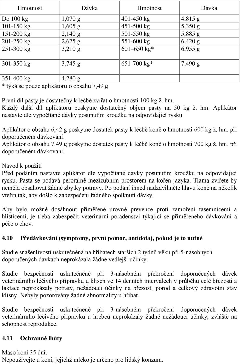 tnosti 100 kg ž. hm. Každý další díl aplikátoru poskytne dostatečný objem pasty na 50 kg ž. hm. Aplikátor nastavte dle vypočítané dávky posunutím kroužku na odpovídající rysku.