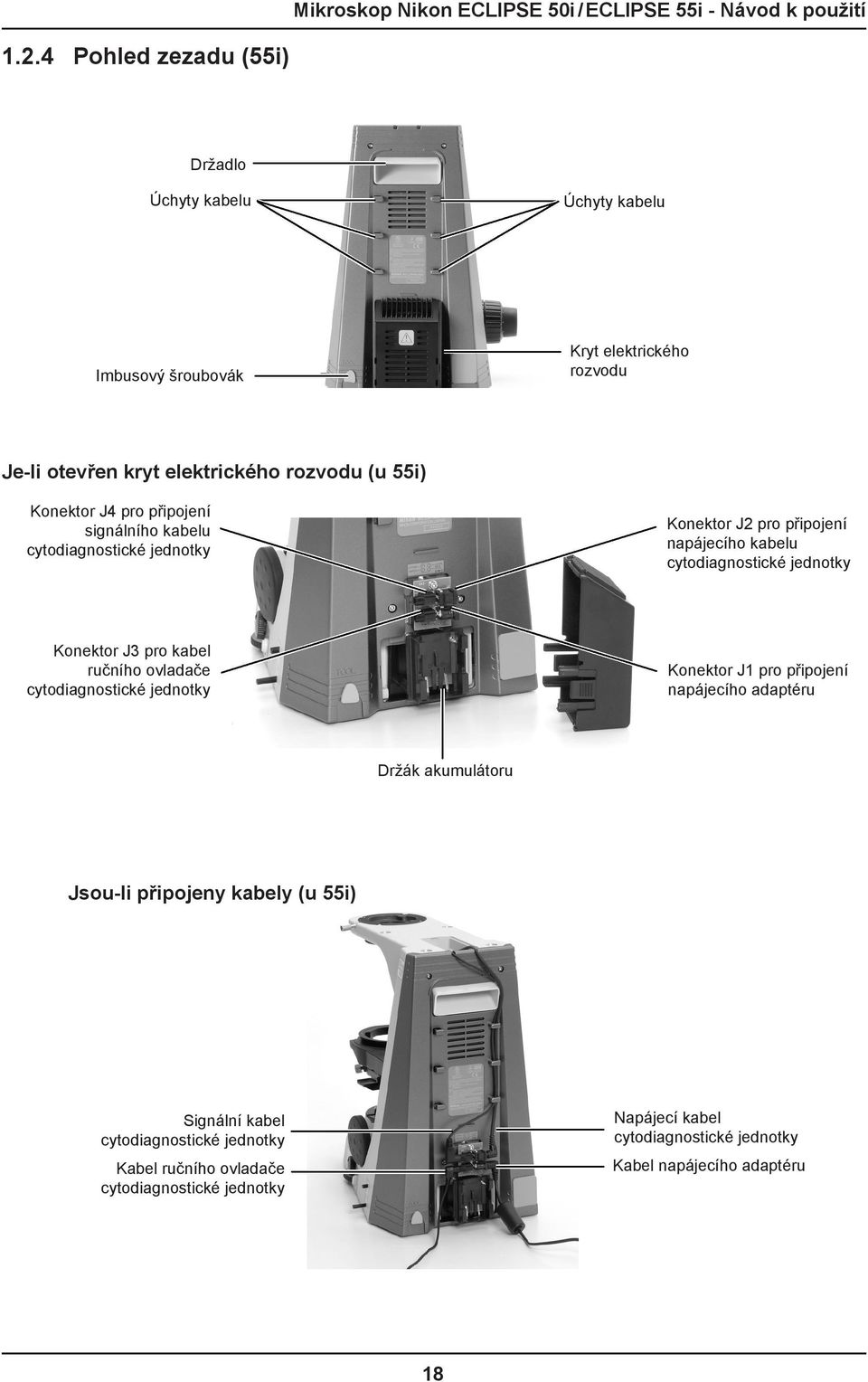 J3 pro kabel ručního ovladače cytodiagnostické jednotky Konektor J1 pro připojení napájecího adaptéru Držák akumulátoru Jsou-li připojeny kabely (u 55i)