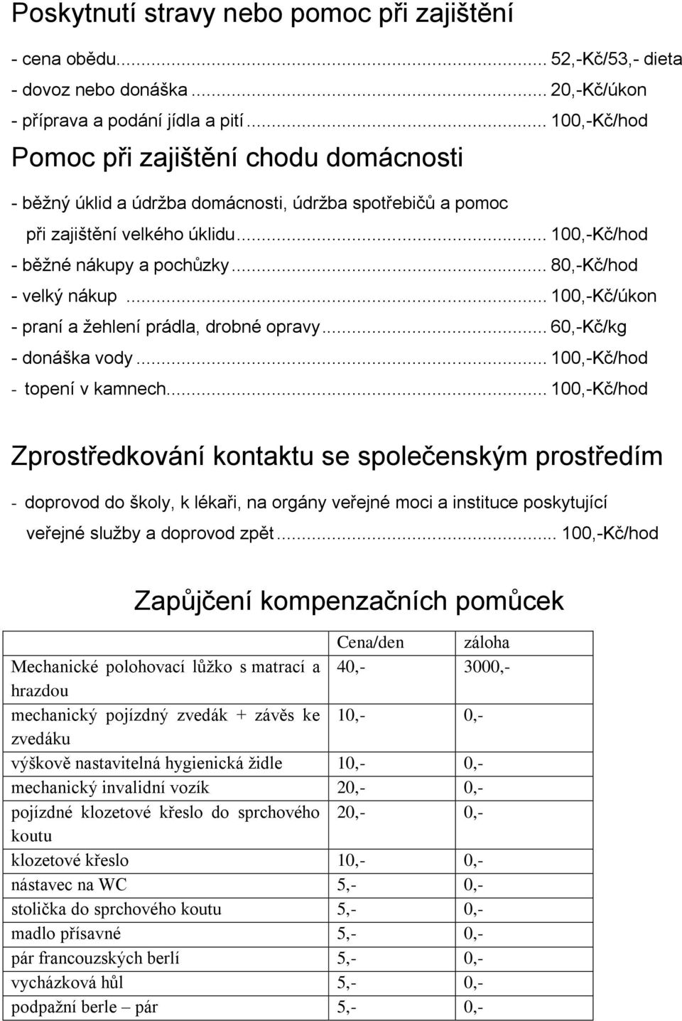 .. 80,-Kč/hod - velký nákup... 100,-Kč/úkon - praní a žehlení prádla, drobné opravy... 60,-Kč/kg - donáška vody... 100,-Kč/hod - topení v kamnech.