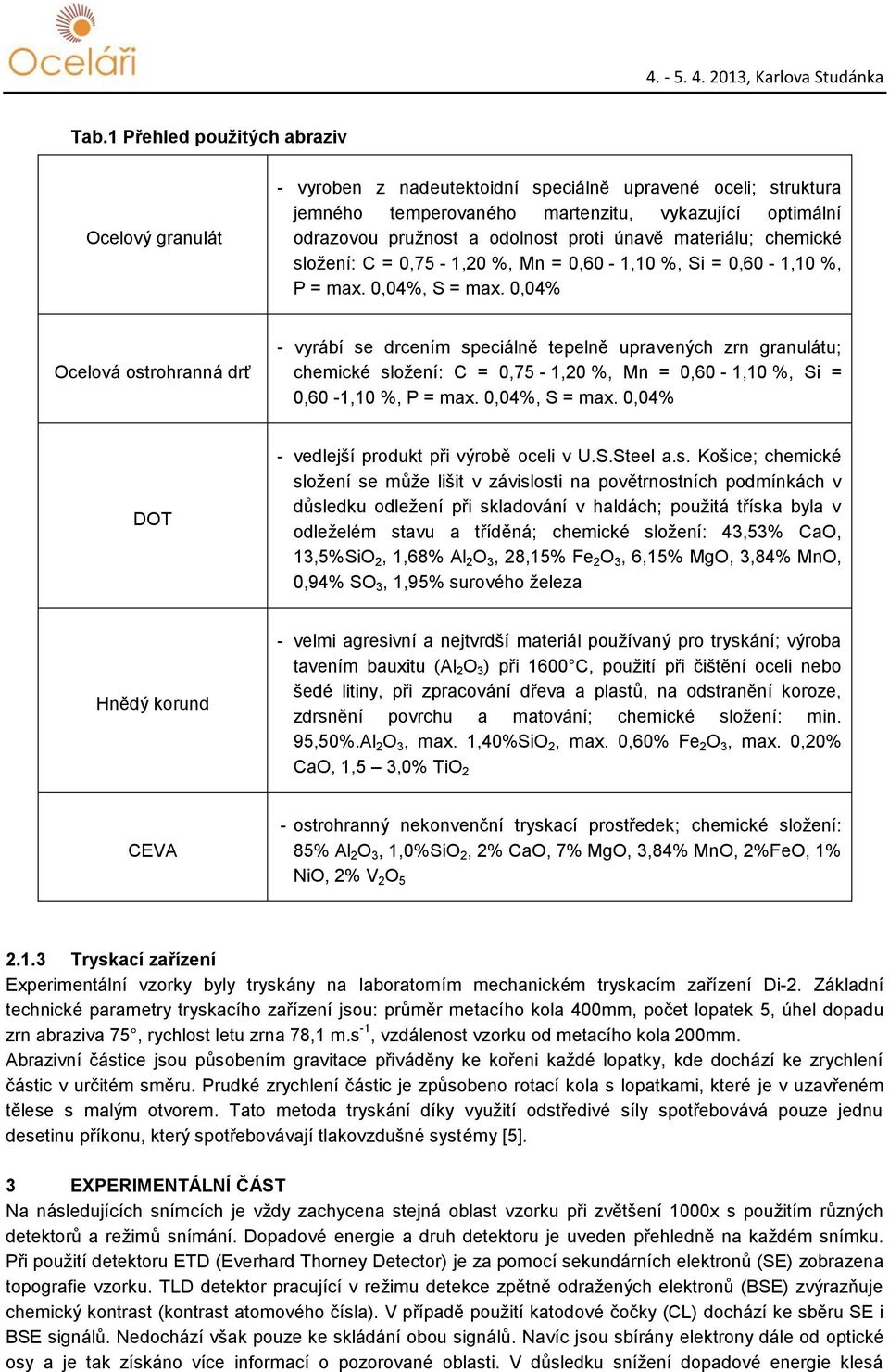 0,04% Ocelová ostrohranná drť - vyrábí se drcením speciálně tepelně upravených zrn granulátu; chemické složení: C = 0,75-1,20 %, Mn = 0,60-1,10 %, Si = 0,60-1,10 %, P = max. 0,04%, S = max.