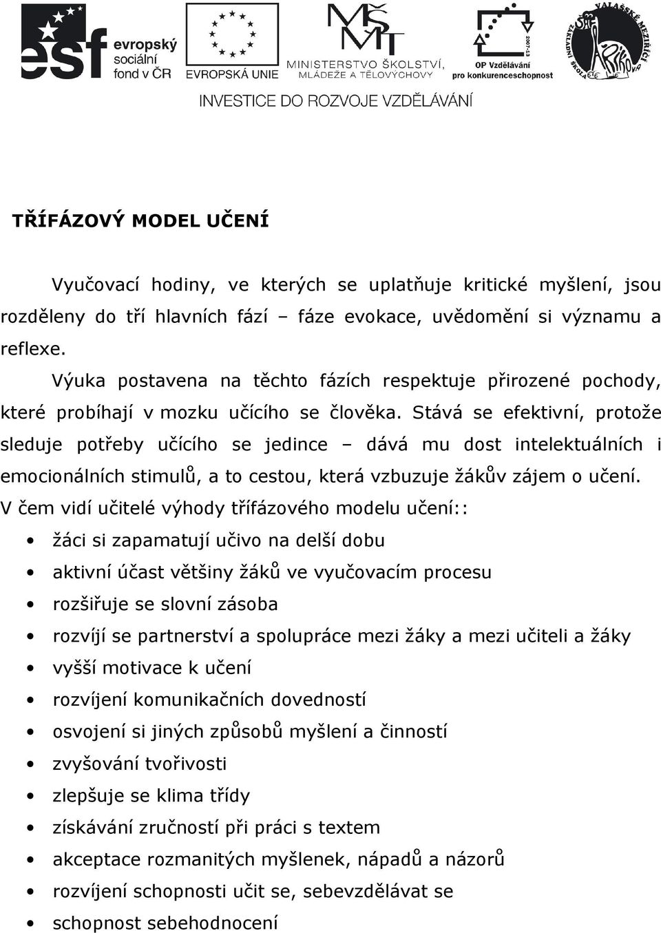 Stává se efektivní, protože sleduje potřeby učícího se jedince dává mu dost intelektuálních i emocionálních stimulů, a to cestou, která vzbuzuje žákův zájem o učení.