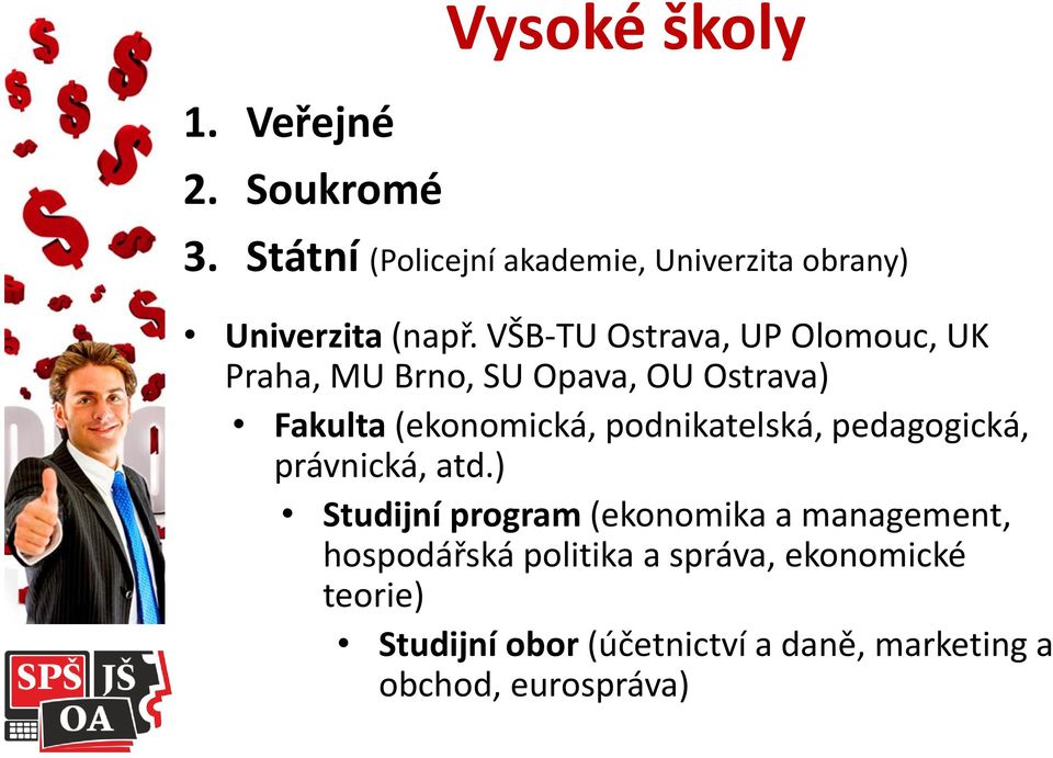 VŠB-TU Ostrava, UP Olomouc, UK Praha, MU Brno, SU Opava, OU Ostrava) Fakulta (ekonomická,