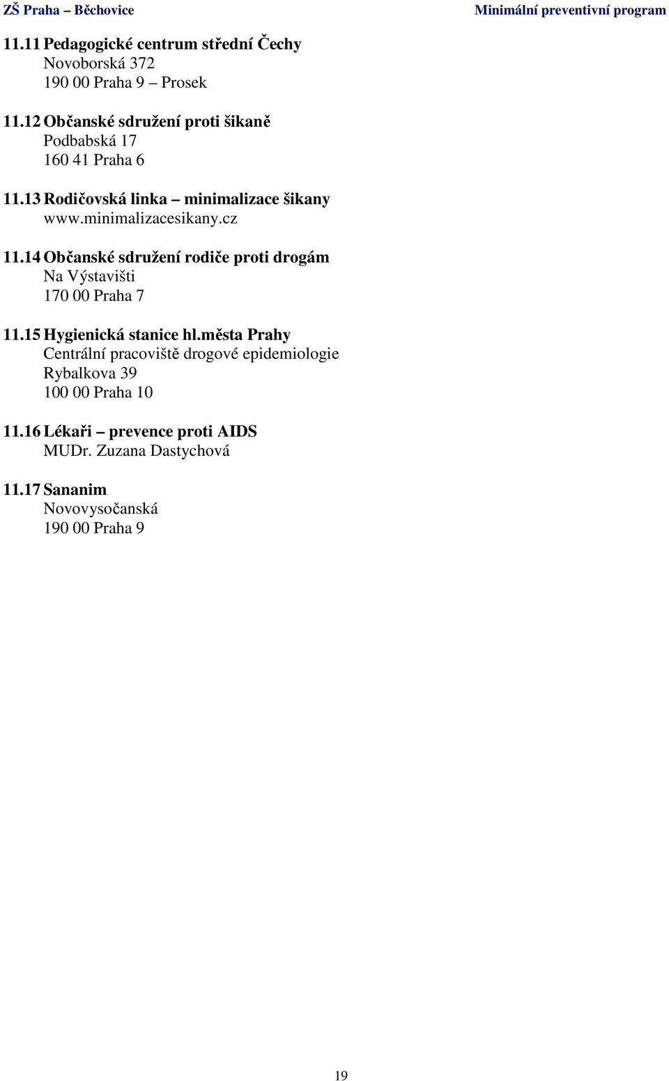 minimalizacesikany.cz 11.14 Občanské sdružení rodiče proti drogám Na Výstavišti 170 00 Praha 7 11.15 Hygienická stanice hl.