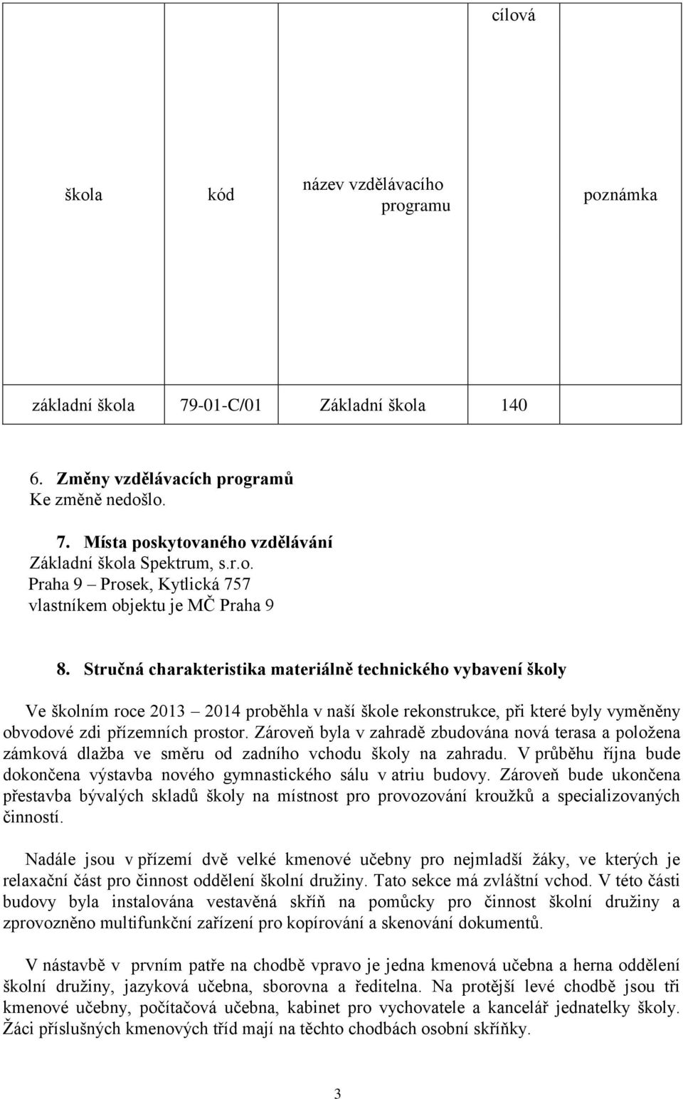 Stručná charakteristika materiálně technického vybavení školy Ve školním roce 2013 2014 proběhla v naší škole rekonstrukce, při které byly vyměněny obvodové zdi přízemních prostor.