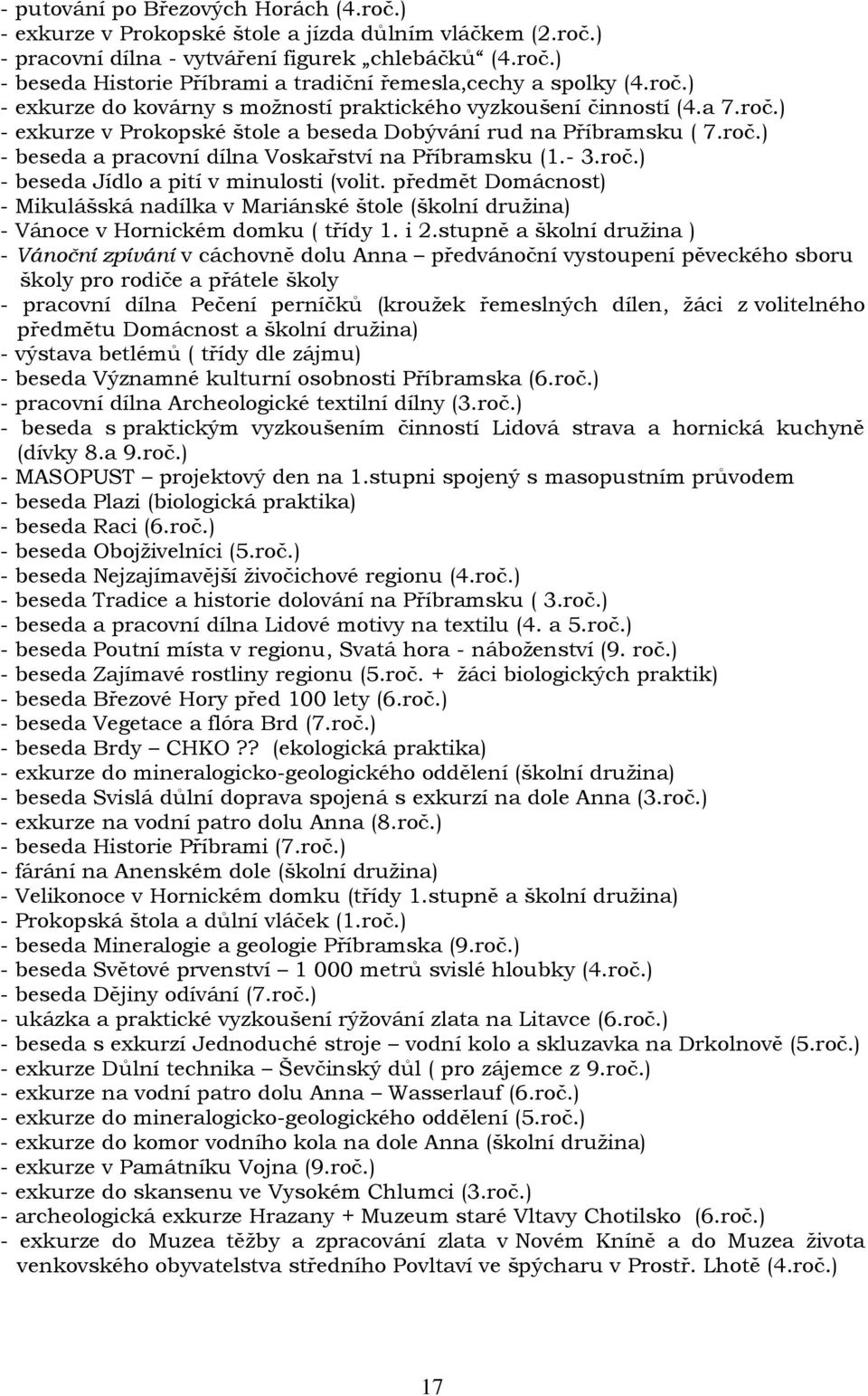 - 3.roč.) - beseda Jídlo a pití v minulosti (volit. předmět Domácnost) - Mikulášská nadílka v Mariánské štole (školní druţina) - Vánoce v Hornickém domku ( třídy 1. i 2.