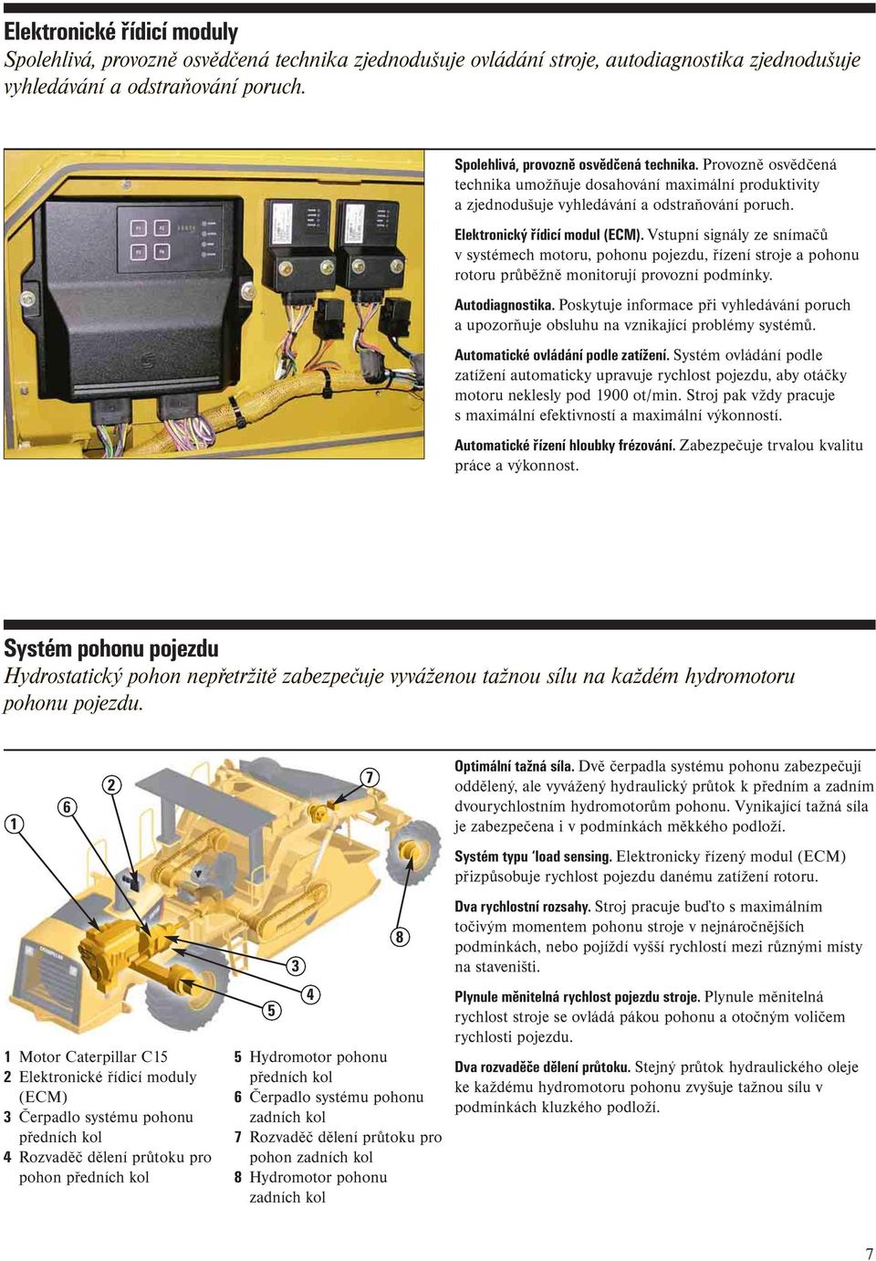 Vstupní signály ze snímačů v systémech motoru, pohonu pojezdu, řízení stroje a pohonu rotoru průběžně monitorují provozní podmínky. Autodiagnostika.