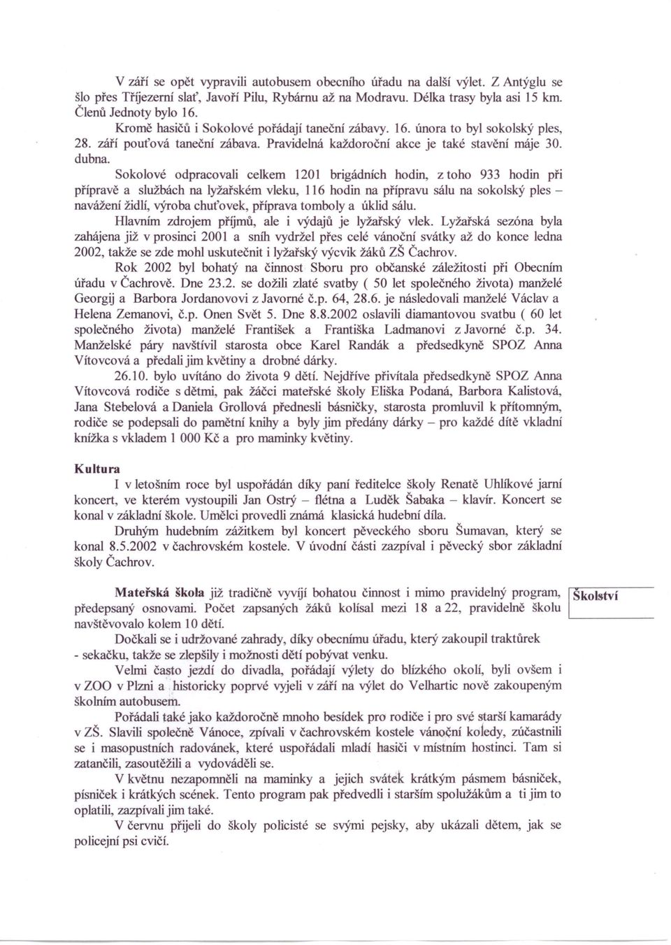 Sokolové odpracovali celkem 1201 brigádních hodin, z toho 933 hodin při přípravě a službách na lyžařském vleku, 116 hodin na přípravu sálu na sokolský ples - navážení židli, výroba chuťovek, příprava