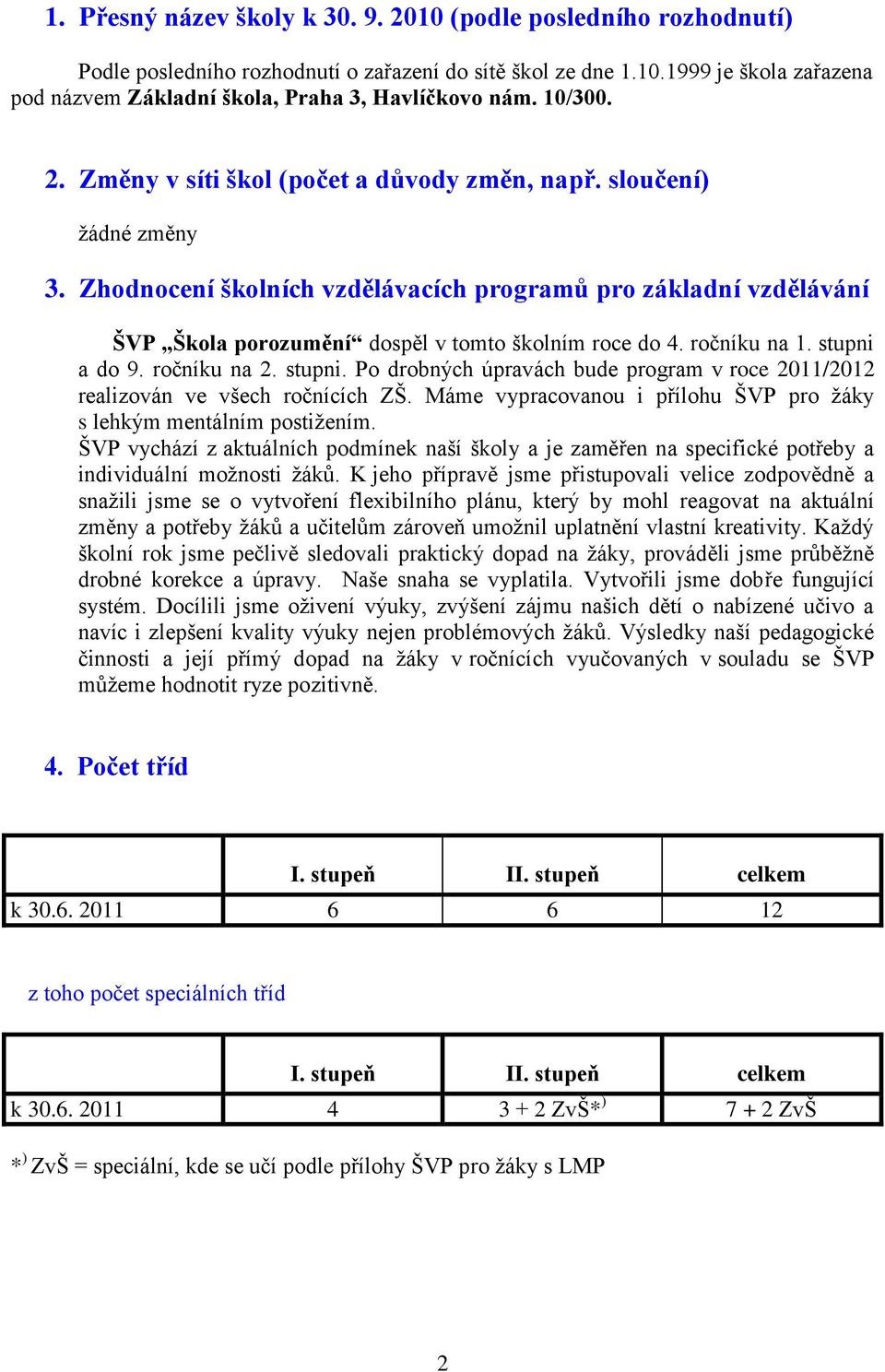 Zhodnocení školních vzdělávacích programů pro základní vzdělávání ŠVP Škola porozumění dospěl v tomto školním roce do 4. ročníku na 1. stupni 