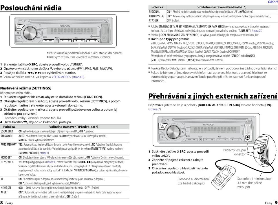 Položka Volitelné nastavení (Předvolba: *) REGIONAL ON *: Přepíná na další stanici pouze v určené oblasti pomocí ovládání AF. ; OFF: Zrušení.