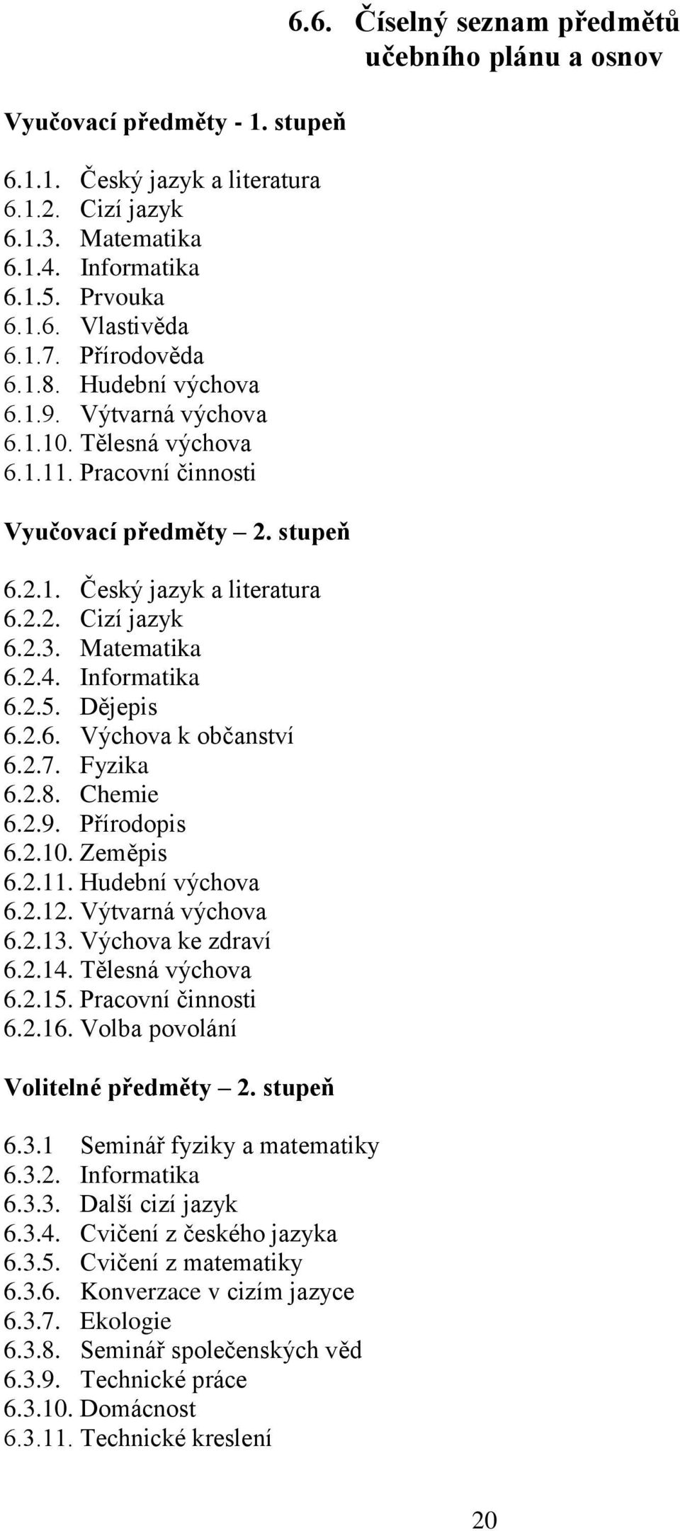 2.6. Výchova k občanství 6.2.7. Fyzika 6.2.8. Chemie 6.2.9. Přírodopis 6.2.10. Zeměpis 6.2.11. Hudební výchova 6.2.12. Výtvarná výchova 6.2.13. Výchova ke zdraví 6.2.14. Tělesná výchova 6.2.15.