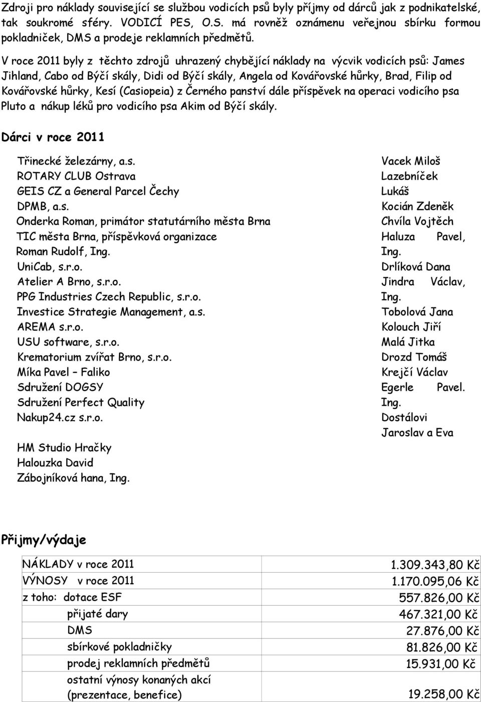 V roce 2011 byly z těchto zdrojů uhrazený chybějící náklady na výcvik vodicích psů: James Jihland, Cabo od Býčí skály, Didi od Býčí skály, Angela od Kovářovské hůrky, Brad, Filip od Kovářovské hůrky,