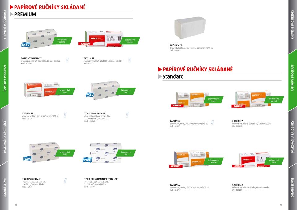 ZZ dvouvrstvé, bílé, 20x150 ks/karton=3000 ks Kód: 143124 dvouvrstvé bílé Tork Advanced ZZ dvouvrstvá celuóza+recykl, bílé, 15x200 ks/karton=3000 ks Kód: 143080 dvouvrstvé bílé Katrin ZZ jednovrstvé,