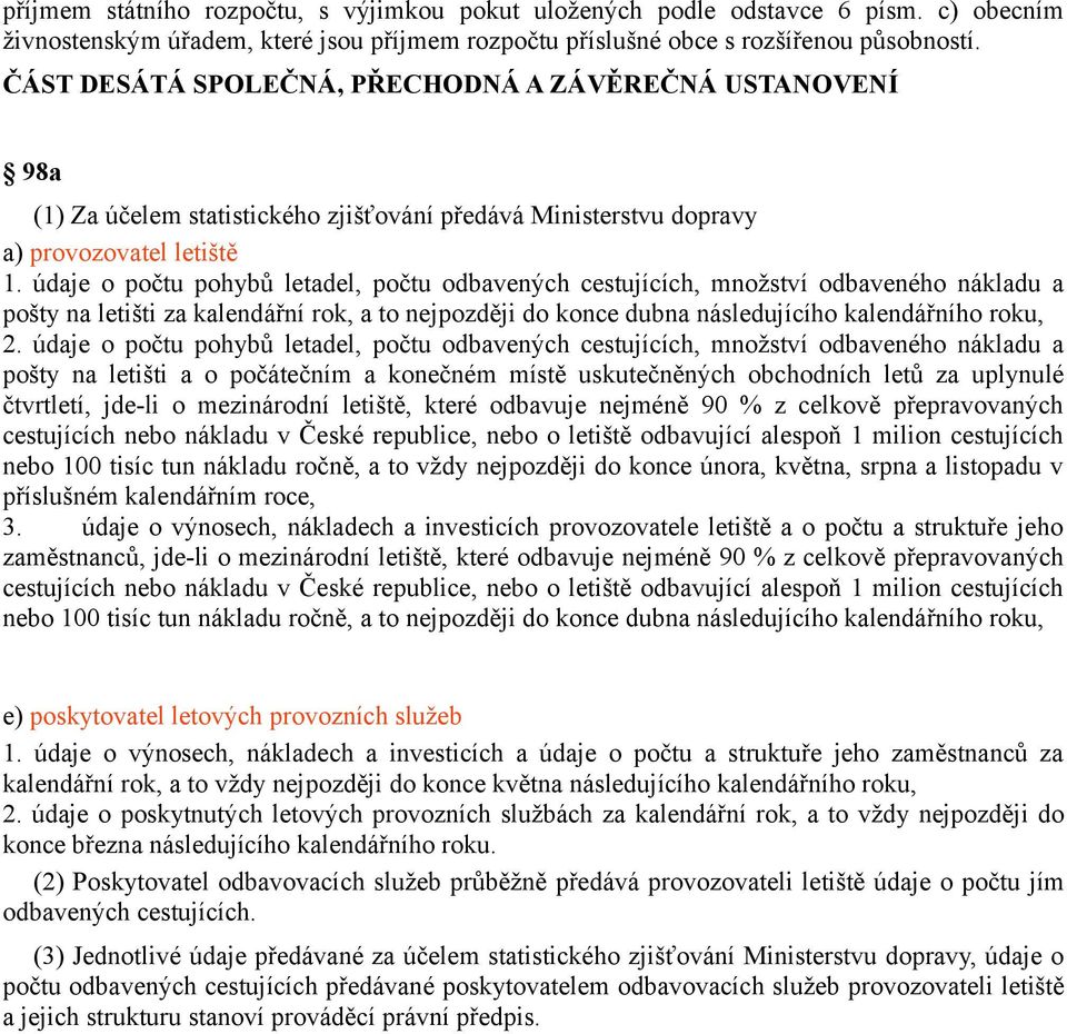 údaje o počtu pohybů letadel, počtu odbavených cestujících, množství odbaveného nákladu a pošty na letišti za kalendářní rok, a to nejpozději do konce dubna následujícího kalendářního roku, 2.