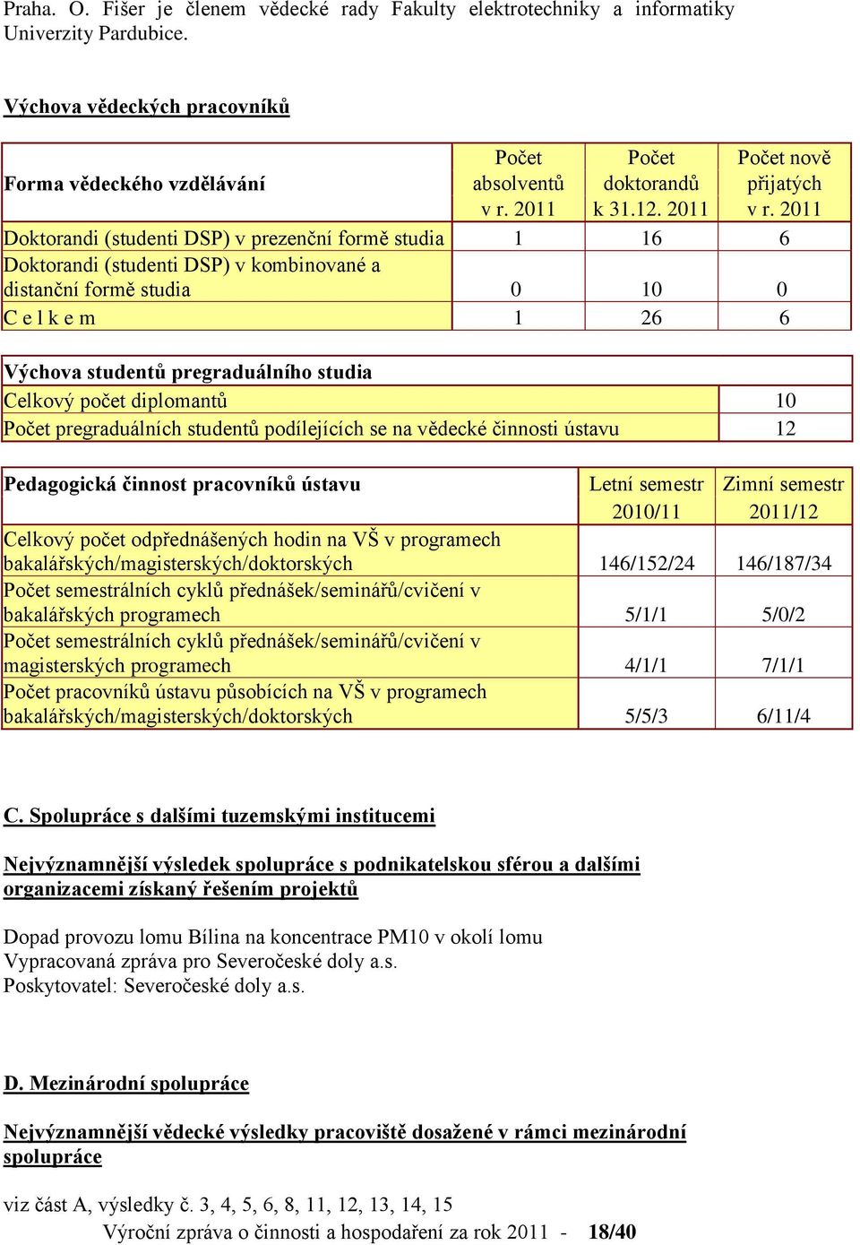 2011 Doktorandi (studenti DSP) v prezenční formě studia 1 16 6 Doktorandi (studenti DSP) v kombinované a distanční formě studia 0 10 0 C e l k e m 1 26 6 Výchova studentů pregraduálního studia