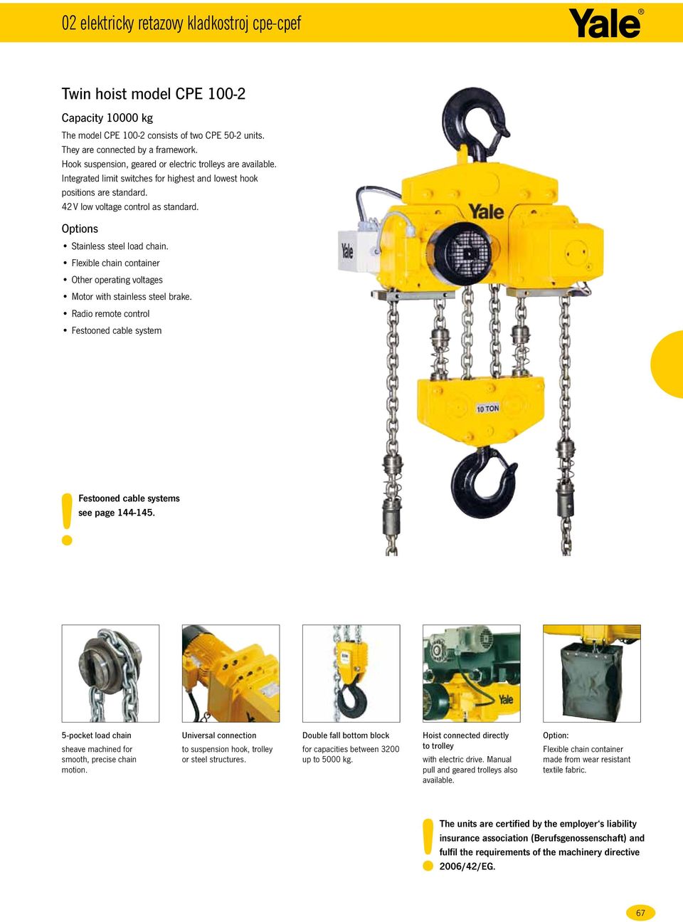 Options Stainless steel load chain. Flexible chain container Other operating voltages Motor with stainless steel brake.