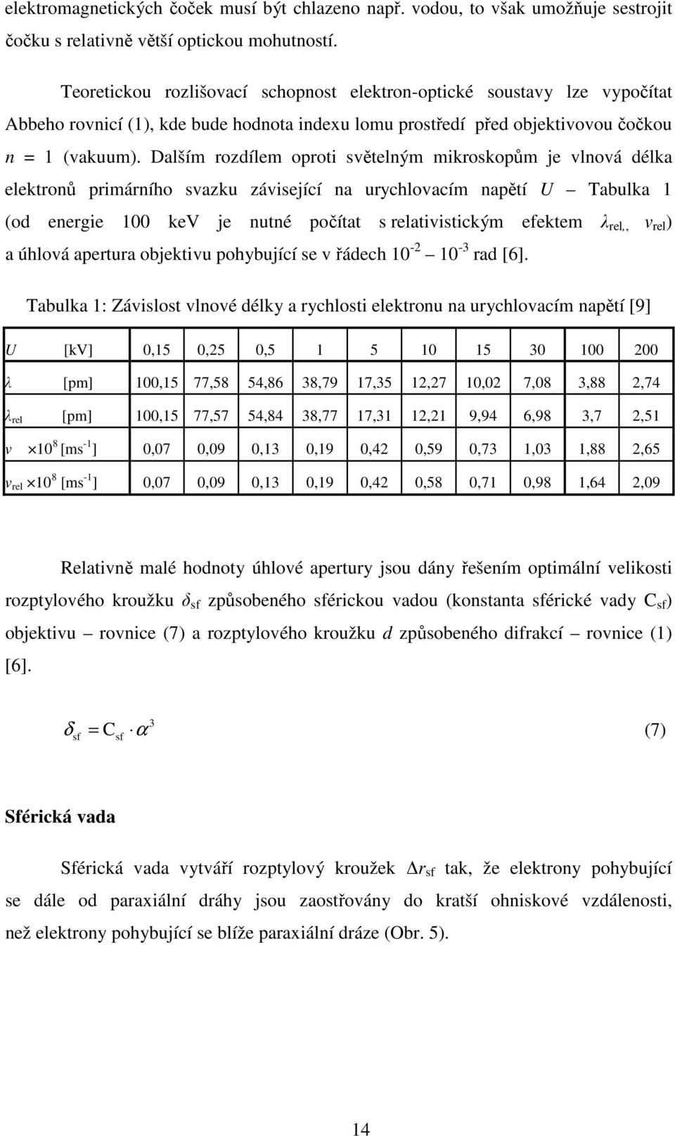 Dalším rozdílem oproti světelným mikroskopům je vlnová délka elektronů primárního svazku závisející na urychlovacím napětí U Tabulka 1 (od energie 100 kev je nutné počítat s relativistickým efektem λ