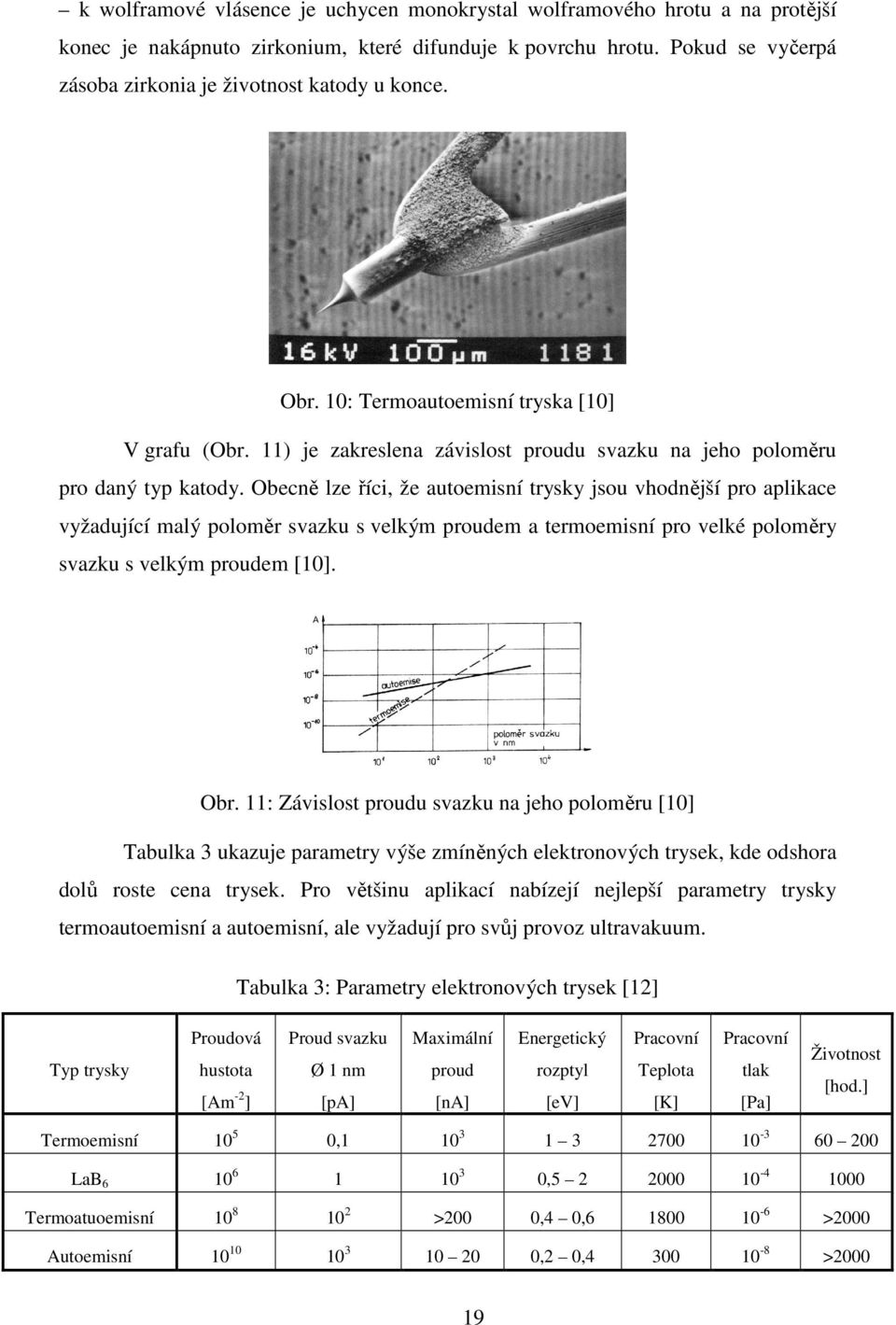 Obecně lze říci, že autoemisní trysky jsou vhodnější pro aplikace vyžadující malý poloměr svazku s velkým proudem a termoemisní pro velké poloměry svazku s velkým proudem [10]. Obr.