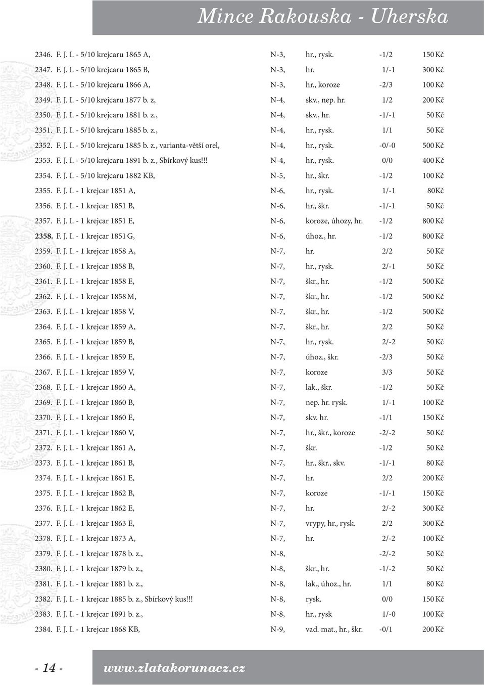 1/1 50 Kč 2352. F. J. I. - 5/10 krejcaru 1885 b. z., varianta-větší orel, N-4, hr., rysk. -0/-0 500 Kč 2353. F. J. I. - 5/10 krejcaru 1891 b. z., Sbírkový kus!!! N-4, hr., rysk. 0/0 400 Kč 2354. F. J. I. - 5/10 krejcaru 1882 KB, N-5, hr.