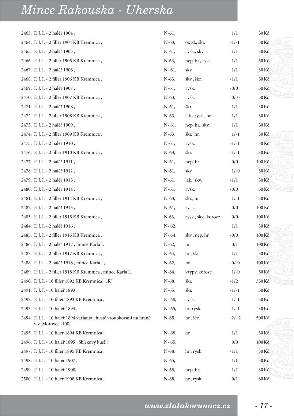-0/0 50 Kč 2470. F. J. I. - 2 filler 1907 KB Kremnica, N-63, rysk. -0/-0 50 Kč 2471. F. J. I. - 2 haléř 1908, N-61, škr. 1/1 30 Kč 2472. F. J. I. - 2 filler 1908 KB Kremnica, N-63, lak., rysk., hr.