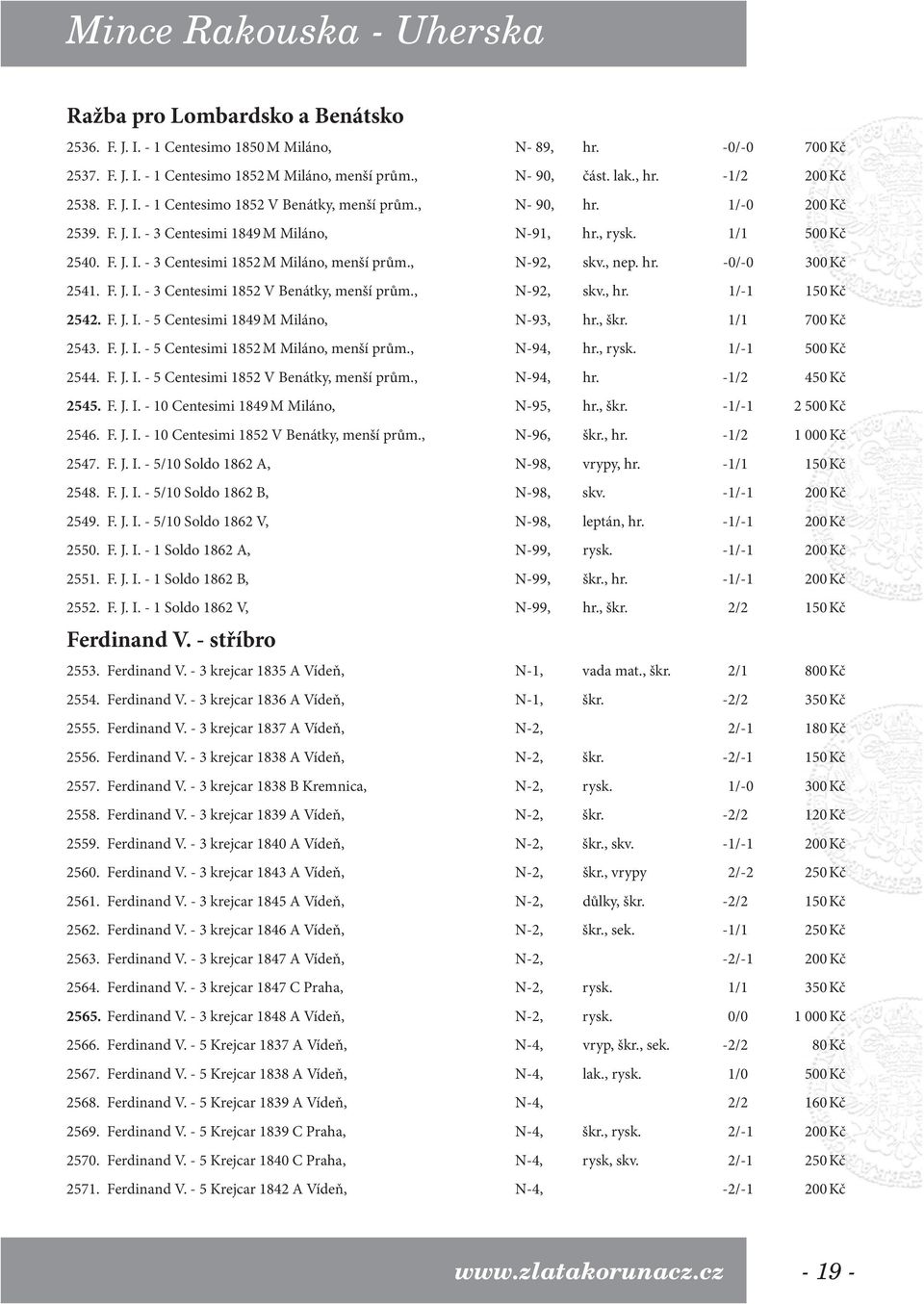 , N-92, skv., hr. 1/-1 150 Kč 2542. F. J. I. - 5 Centesimi 1849 M Miláno, N-93, hr., škr. 1/1 700 Kč 2543. F. J. I. - 5 Centesimi 1852 M Miláno, menší prům., N-94, hr., rysk. 1/-1 500 Kč 2544. F. J. I. - 5 Centesimi 1852 V Benátky, menší prům.