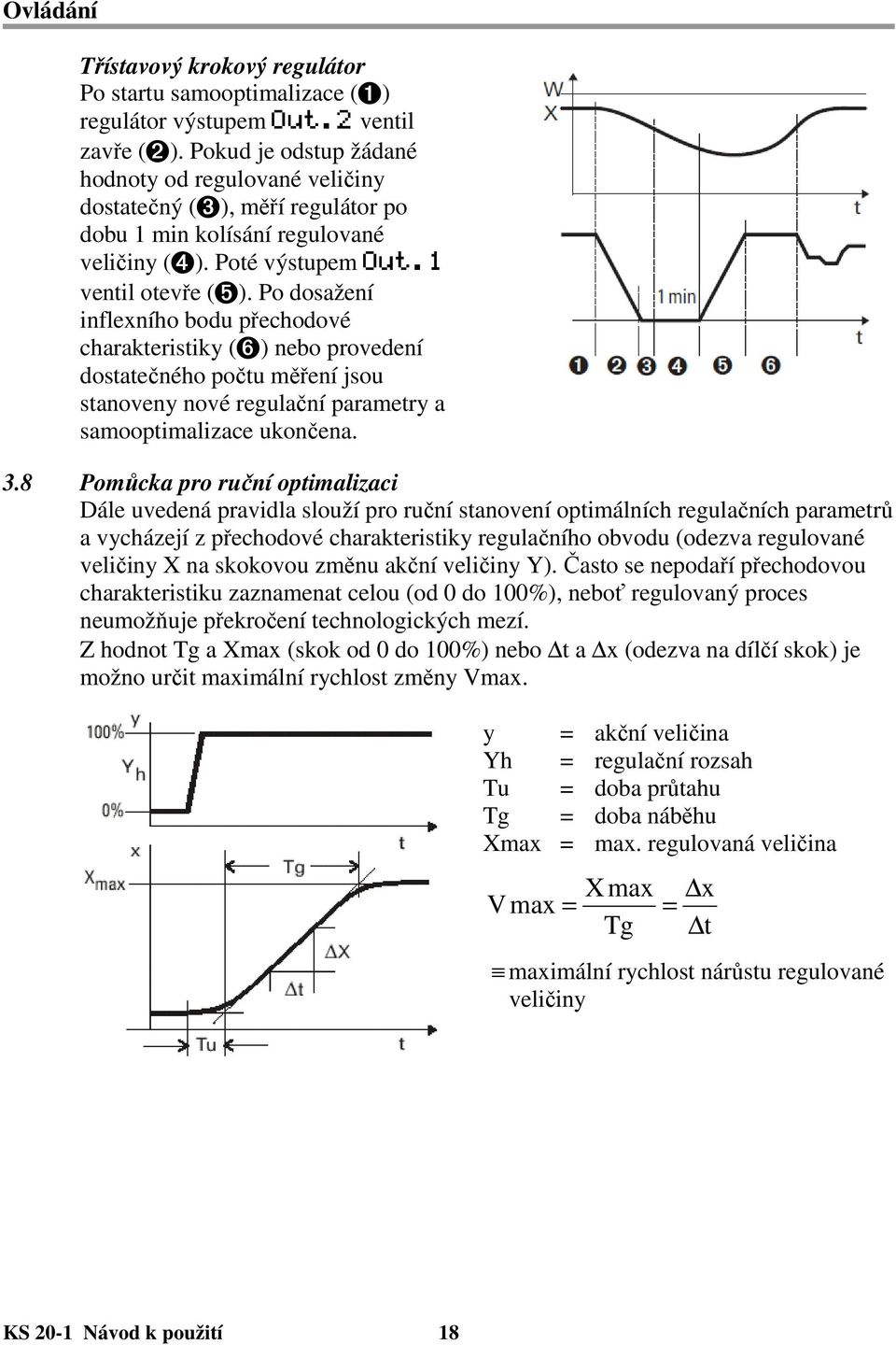 Po dosažení inflexního bodu přechodové charakteristiky (6) nebo provedení dostatečného počtu měření jsou stanoveny nové regulační parametry a samooptimalizace ukončena. 3.