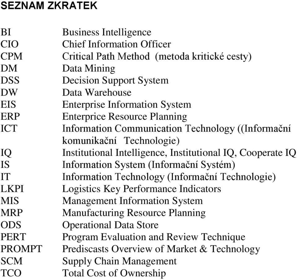 Institutional Intelligence, Institutional IQ, Cooperate IQ Information System (Informační Systém) Information Technology (Informační Technologie) Logistics Key Performance Indicators