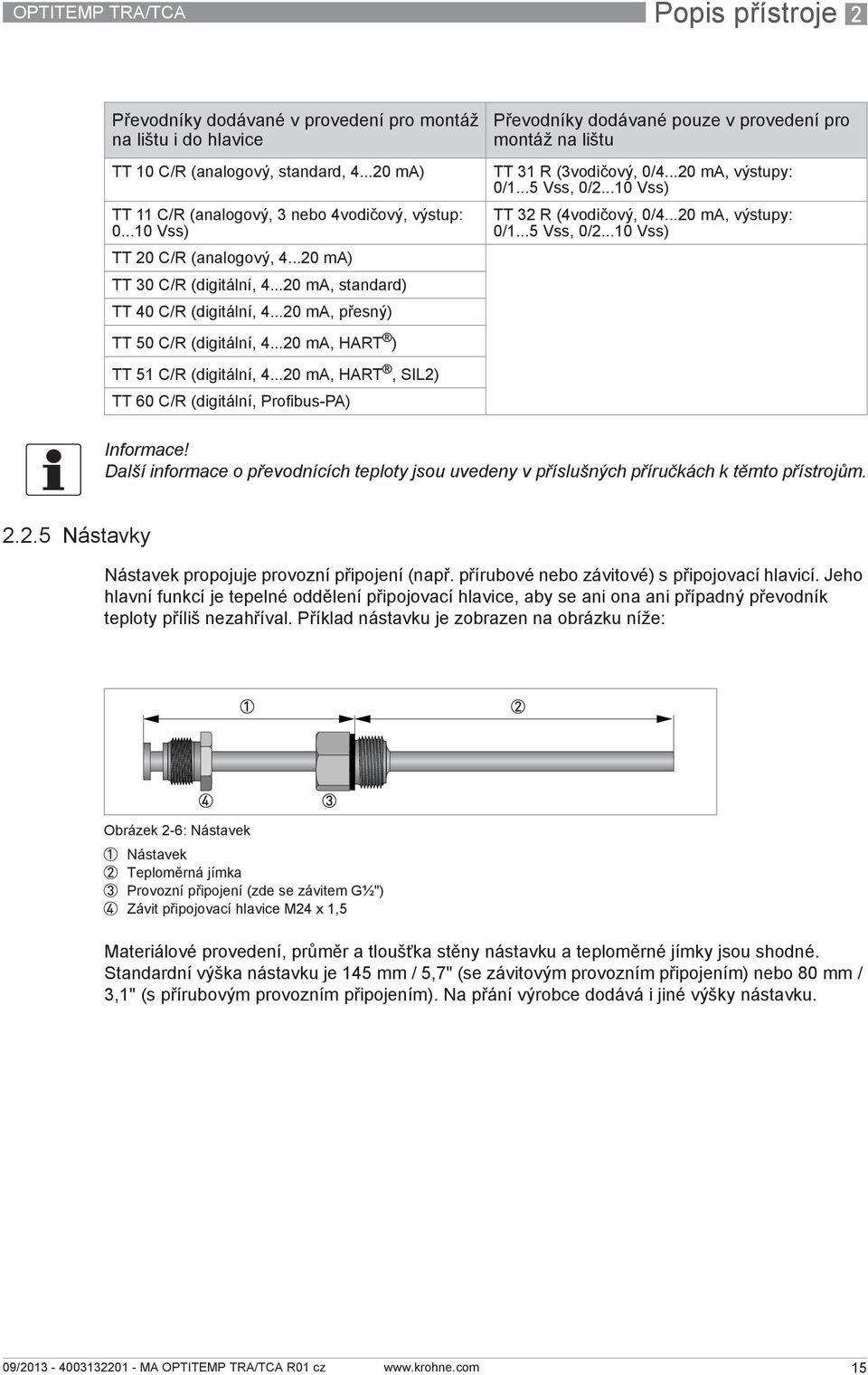 ..20 ma, HART, SIL2) TT 60 C/R (digitální, Profibus-PA) Převodníky dodávané pouze v provedení pro montáž na lištu TT 31 R (3vodičový, 0/4...20 ma, výstupy: 0/1...5 Vss, 0/2.