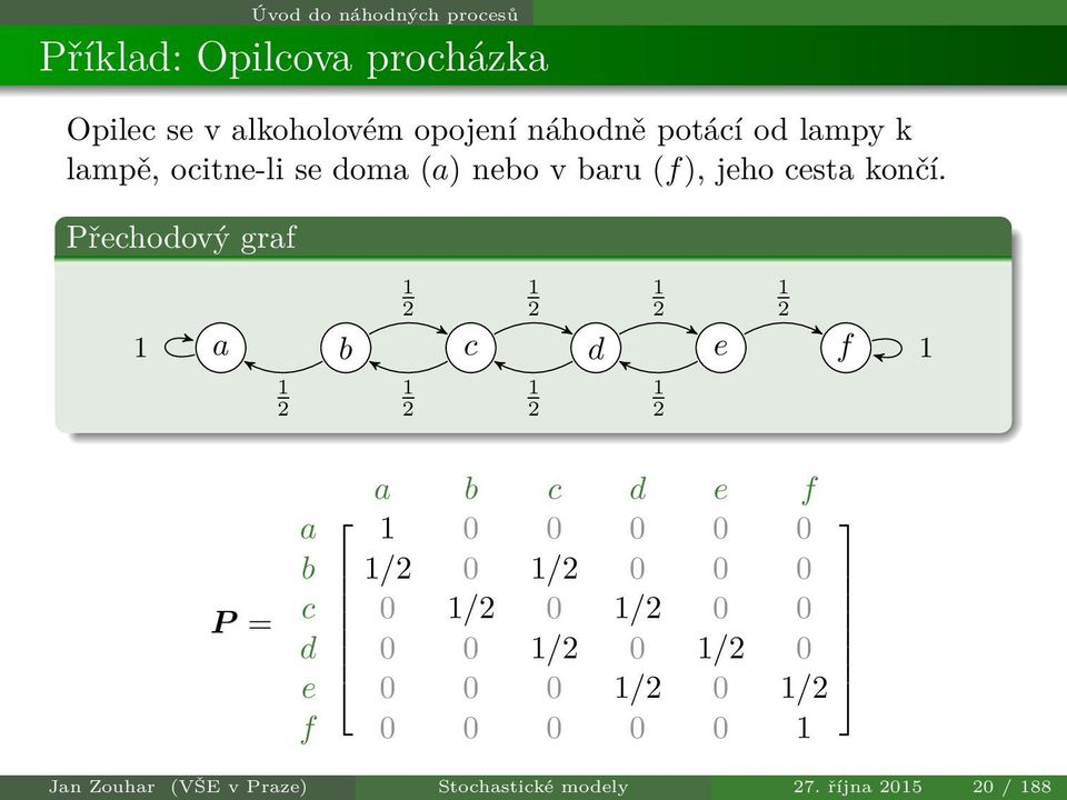 Přechodový graf 1 2 1 2 1 a b c d e f 1 1 2 1 2 1 2 1 2 1 2 1 2 P = a b c d e f a 1 0 0 0 0 0 b 1/2 0 1/2
