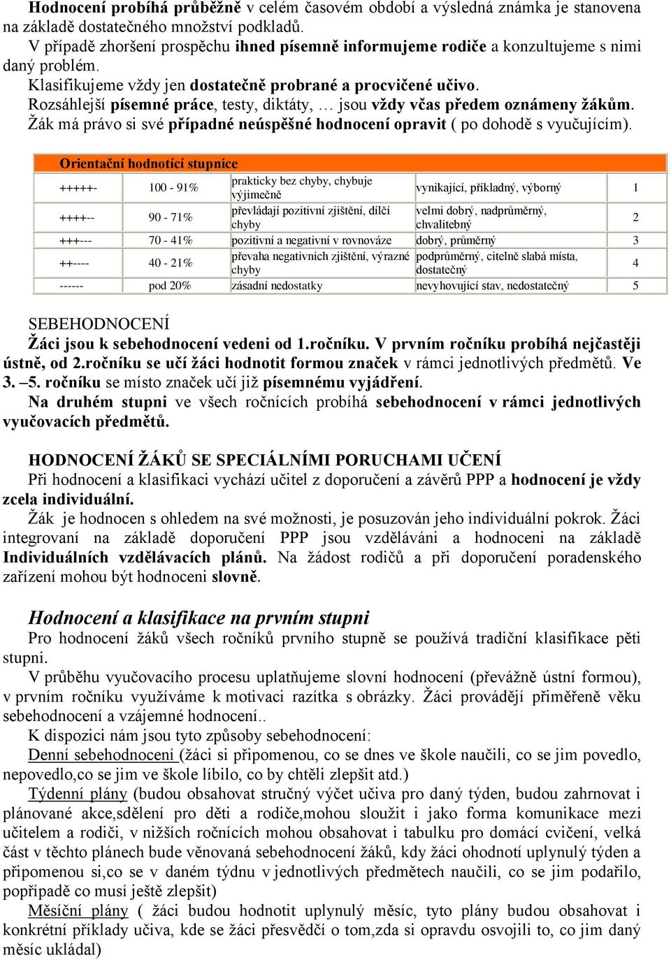 Rozsáhlejší písemné práce, testy, diktáty, jsou vždy včas předem oznámeny žákům. Žák má právo si své případné neúspěšné hodnocení opravit ( po dohodě s vyučujícím).