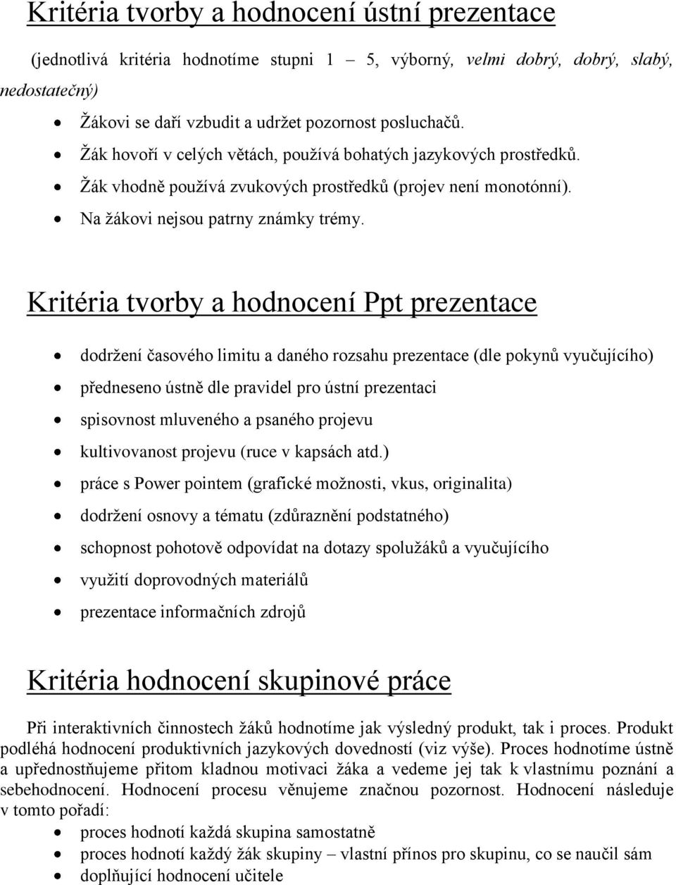 Kritéria tvorby a hodnocení Ppt prezentace dodržení časového limitu a daného rozsahu prezentace (dle pokynů vyučujícího) předneseno ústně dle pravidel pro ústní prezentaci spisovnost mluveného a