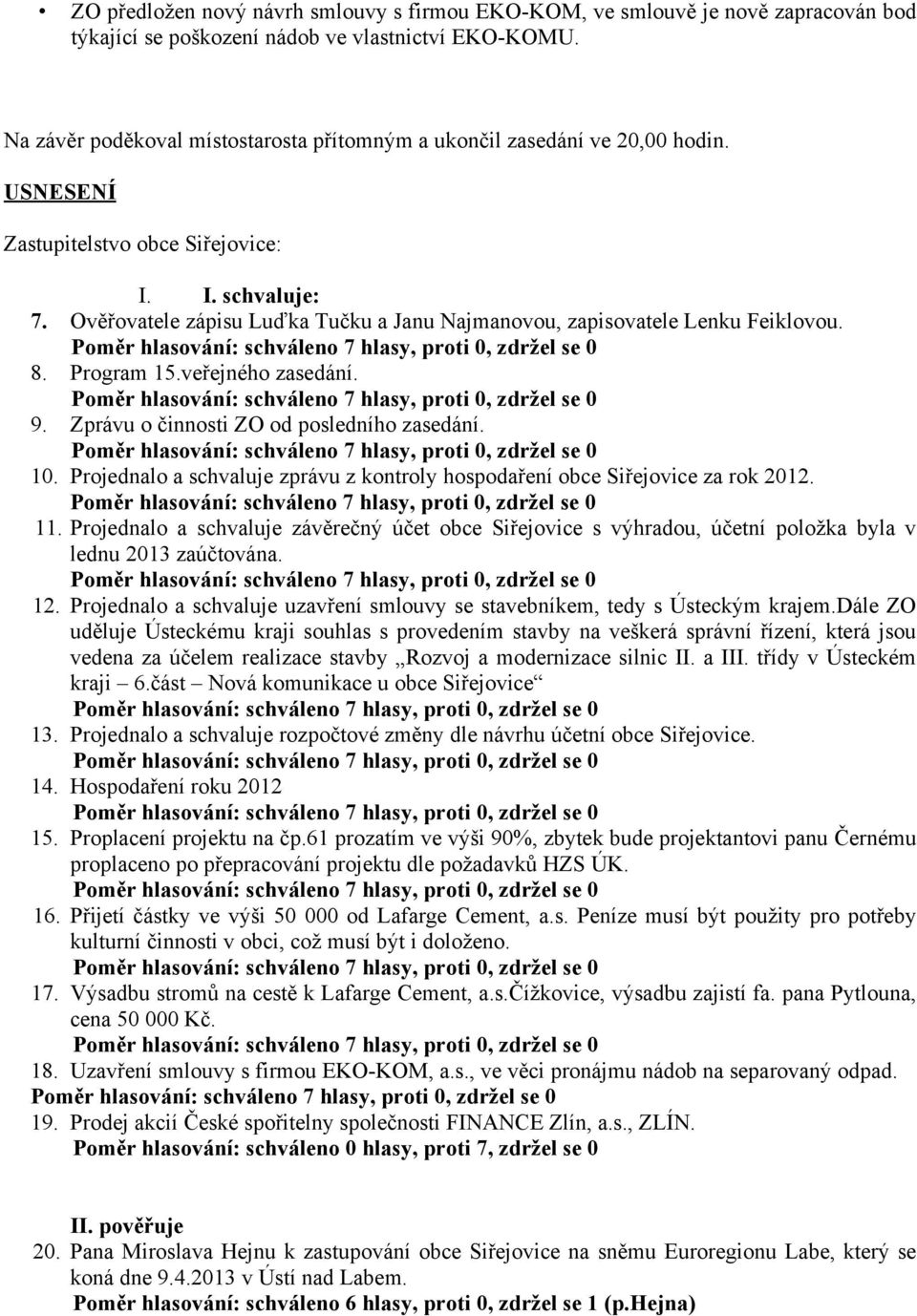 Ověřovatele zápisu Luďka Tučku a Janu Najmanovou, zapisovatele Lenku Feiklovou. 8. Program 15.veřejného zasedání. 9. Zprávu o činnosti ZO od posledního zasedání. 10.