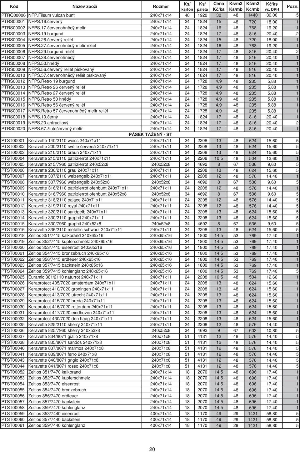 27. ervenohn dý melír reliéf 240x71x14 24 1824 16 48 768 19,20 1 PTRS00006 NFPS.29.burgund reliéf 240x71x14 24 1824 17 48 816 20,40 2 PTRS00007 NFPS.38.