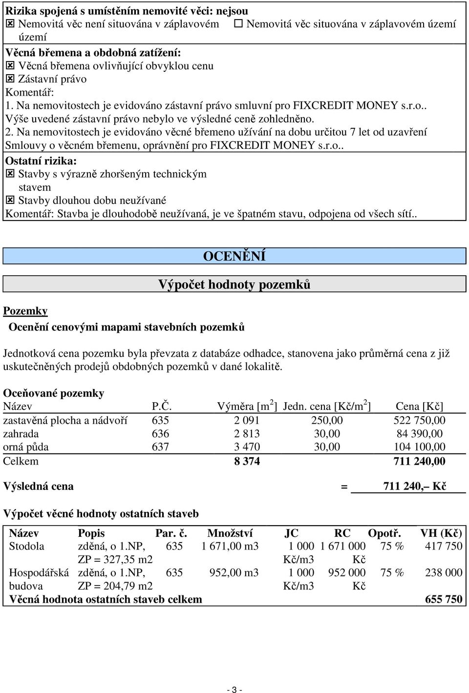 Na nemovitostech je evidováno věcné břemeno užívání na dobu určitou 7 let od uzavření Smlouvy o věcném břemenu, oprávnění pro FIXCREDIT MONEY s.r.o.. Ostatní rizika: Stavby s výrazně zhoršeným technickým stavem Stavby dlouhou dobu neužívané Komentář: Stavba je dlouhodobě neužívaná, je ve špatném stavu, odpojena od všech sítí.