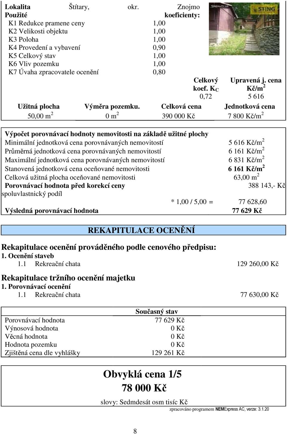 0,80 Celkový koef. K C 0,72 Upravená j. cena Kč/m 2 5 616 Užitná plocha Výměra pozemku.