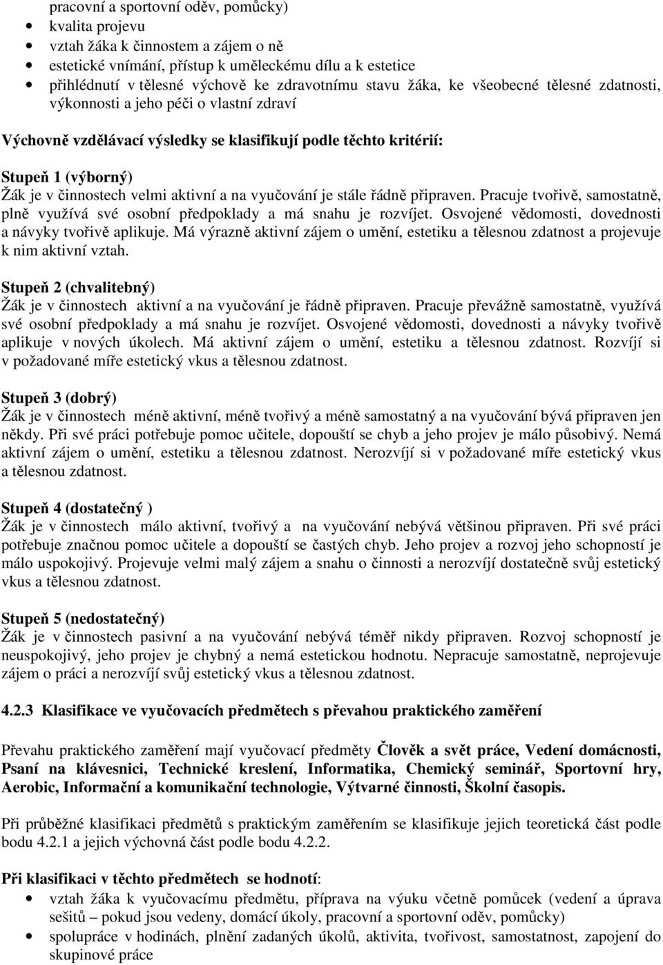 na vyučování je stále řádně připraven. Pracuje tvořivě, samostatně, plně využívá své osobní předpoklady a má snahu je rozvíjet. Osvojené vědomosti, dovednosti a návyky tvořivě aplikuje.