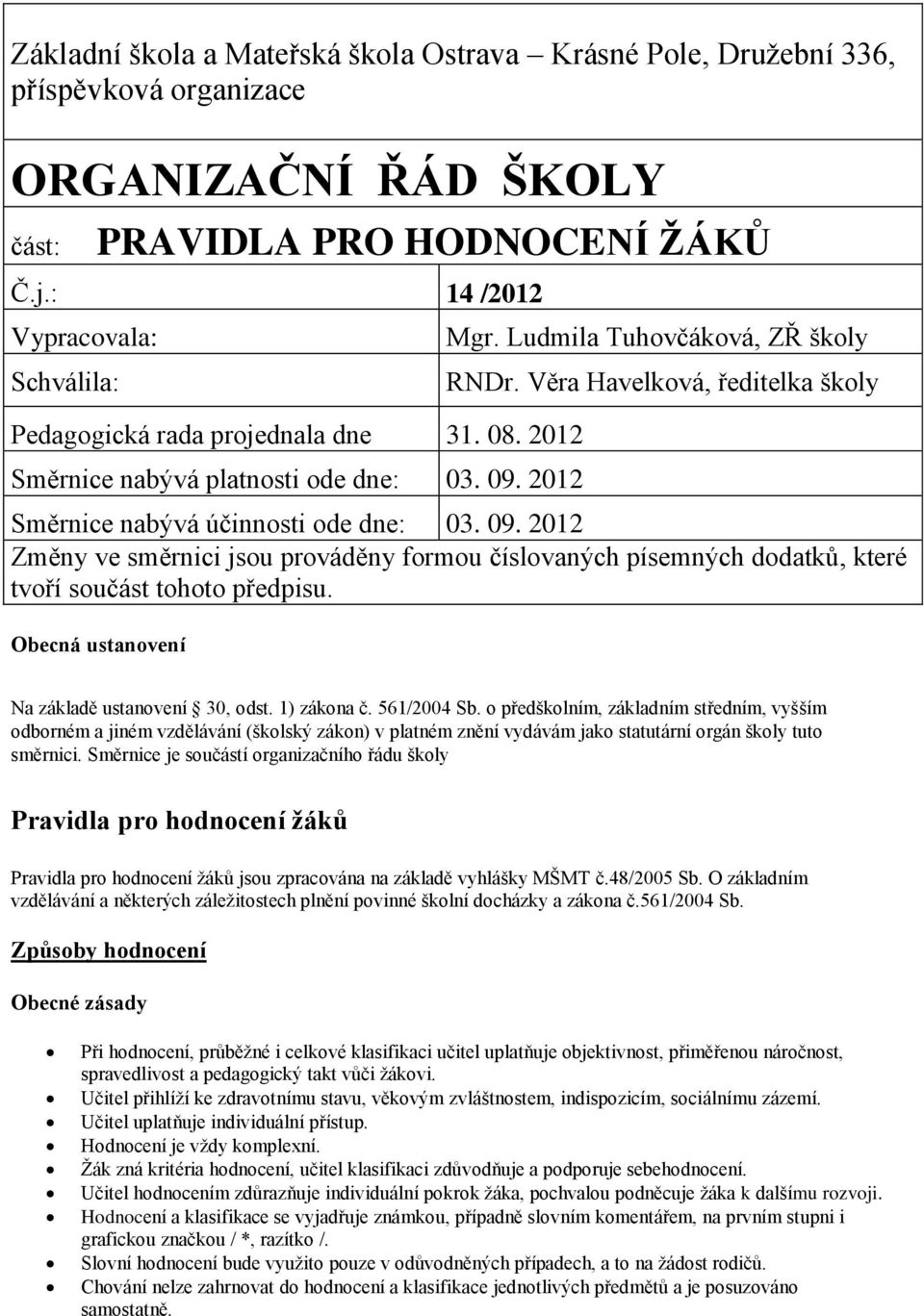 Věra Havelková, ředitelka školy Směrnice nabývá účinnosti ode dne: 03. 09. 2012 Změny ve směrnici jsou prováděny formou číslovaných písemných dodatků, které tvoří součást tohoto předpisu.