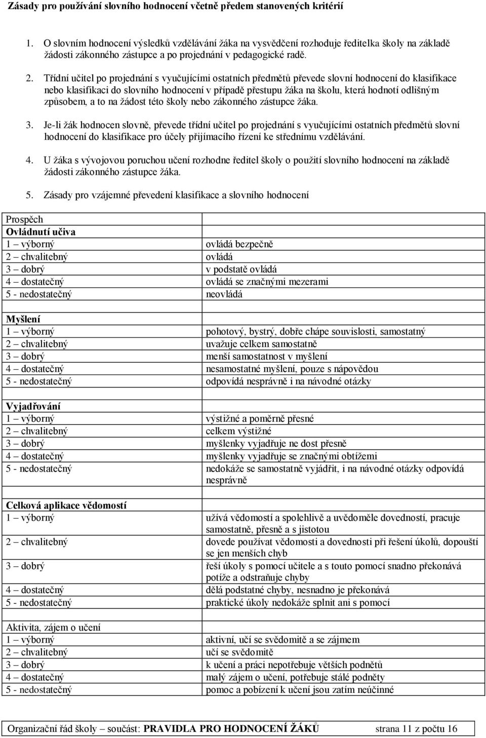 Třídní učitel po projednání s vyučujícími ostatních předmětů převede slovní hodnocení do klasifikace nebo klasifikaci do slovního hodnocení v případě přestupu žáka na školu, která hodnotí odlišným