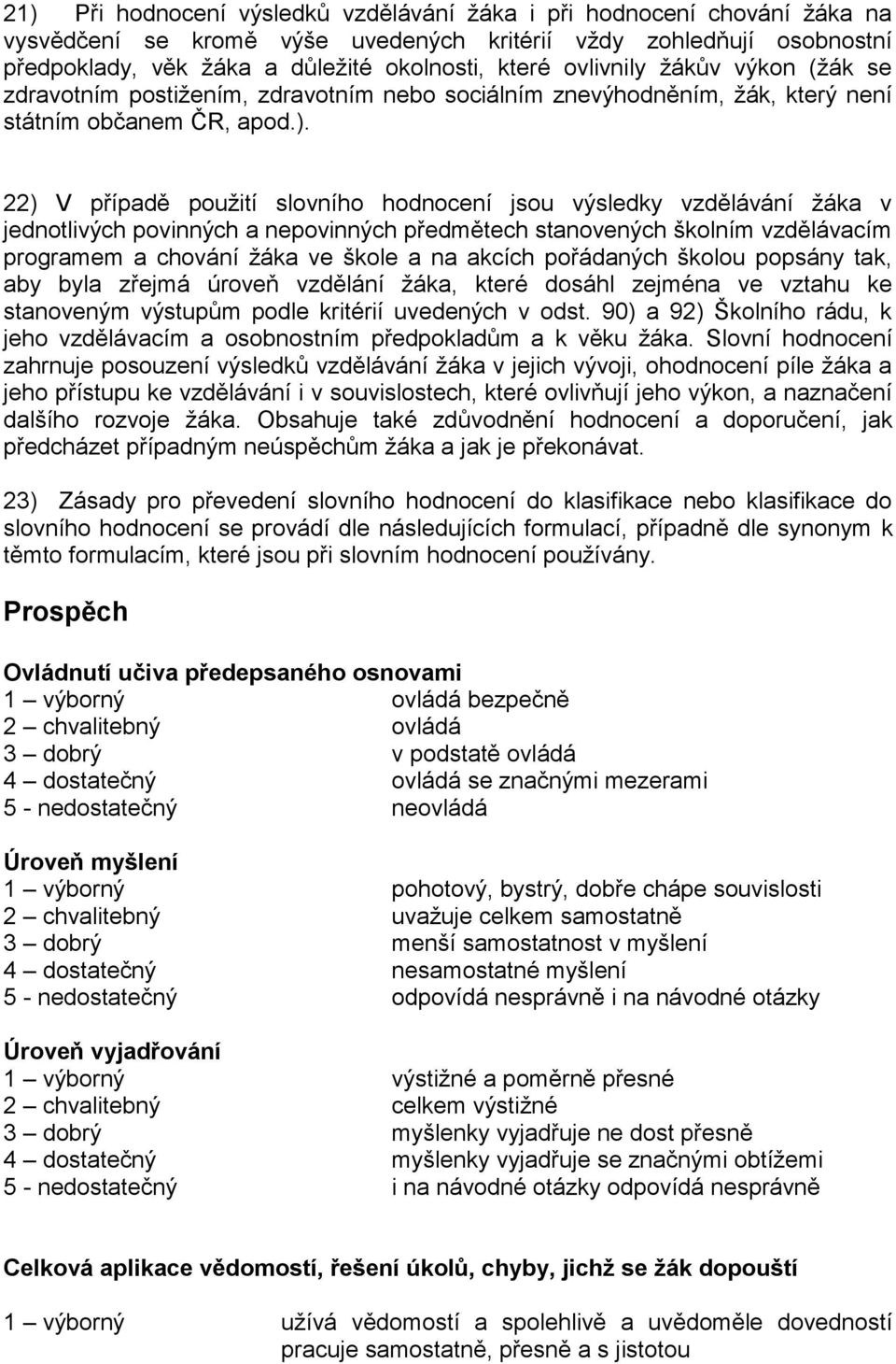 22) V případě použití slovního hodnocení jsou výsledky vzdělávání žáka v jednotlivých povinných a nepovinných předmětech stanovených školním vzdělávacím programem a chování žáka ve škole a na akcích