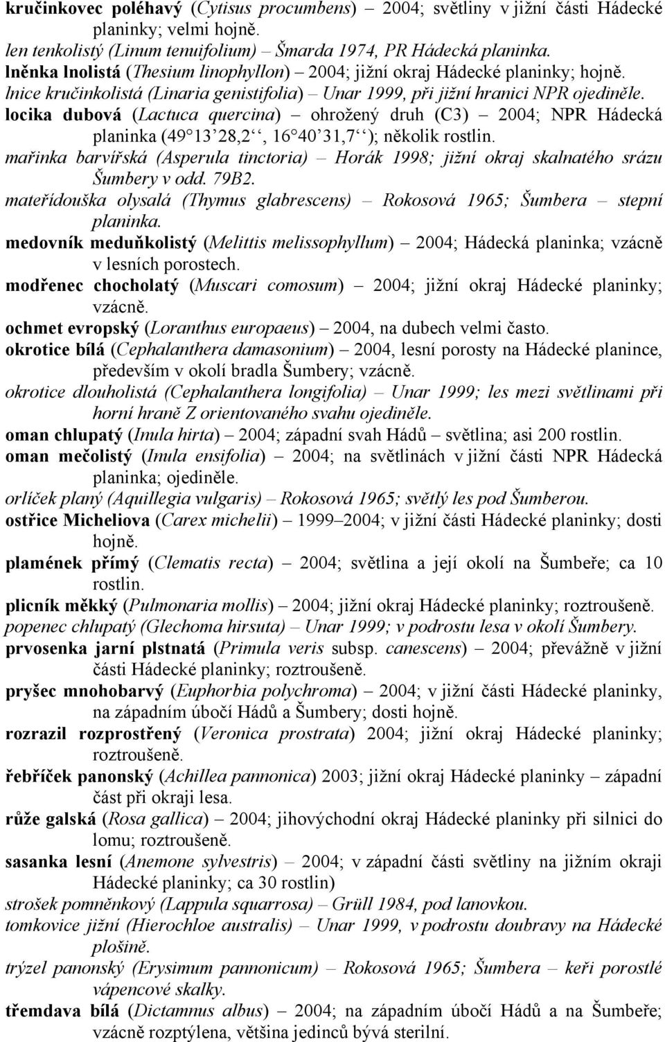 locika dubová (Lactuca quercina) ohrožený druh (C3) 2004; NPR Hádecká planinka (49 13 28,2, 16 40 31,7 ); několik rostlin.