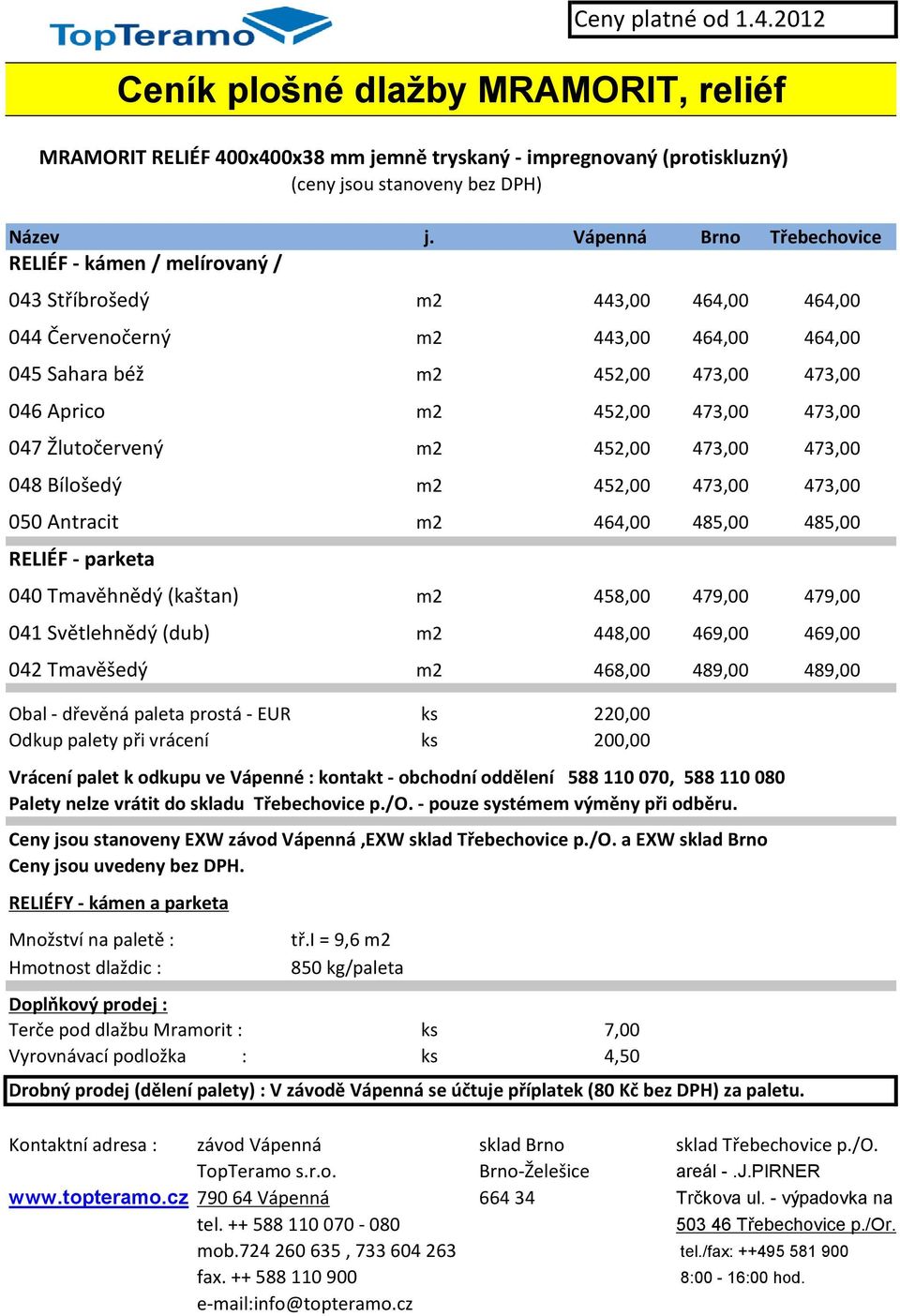 473,00 473,00 047 Žlutočervený m2 452,00 473,00 473,00 048 Bílošedý m2 452,00 473,00 473,00 050 Antracit m2 464,00 485,00 485,00 RELIÉF - parketa 040 Tmavěhnědý (kaštan) m2 458,00 479,00 479,00 041