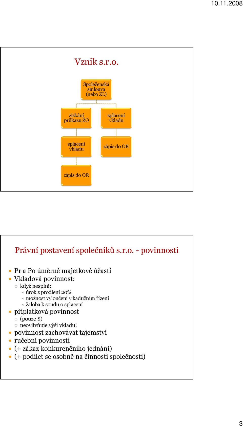 společníků s.r.o. - povinnosti Pr a Po úměrné majetkové účasti Vkladová povinnost: když nesplní: úrok z prodlení 20% možnost