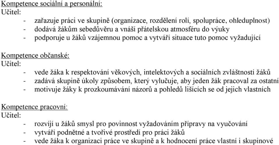 skupině úkoly způsobem, který vylučuje, aby jeden žák pracoval za ostatní - motivuje žáky k prozkoumávání názorů a pohledů lišících se od jejich vlastních Kompetence pracovní: - rozvíjí u