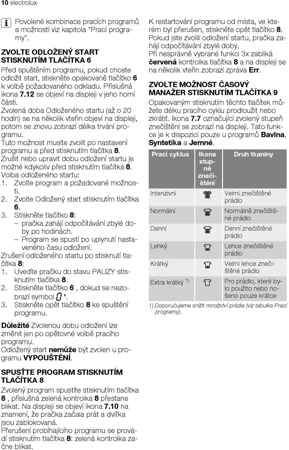 12 se objeví na displeji v jeho horní části. Zvolená doba Odloženého startu (až o 20 hodin) se na několik vteřin objeví na displeji, potom se znovu zobrazí délka trvání programu.