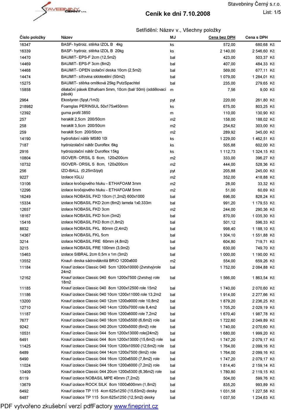 14474 BAUMIT- síťovina sklotextilní (50m2) bal 1 07 1 284,01 15275 BAUMIT- stěrka omítková 25kg PutzSpachtel bal 235,00 279,65 15858 dilatační pásek Ethafoam 5mm, 10cm (bal/ 50m) (oddělovací m 7,56