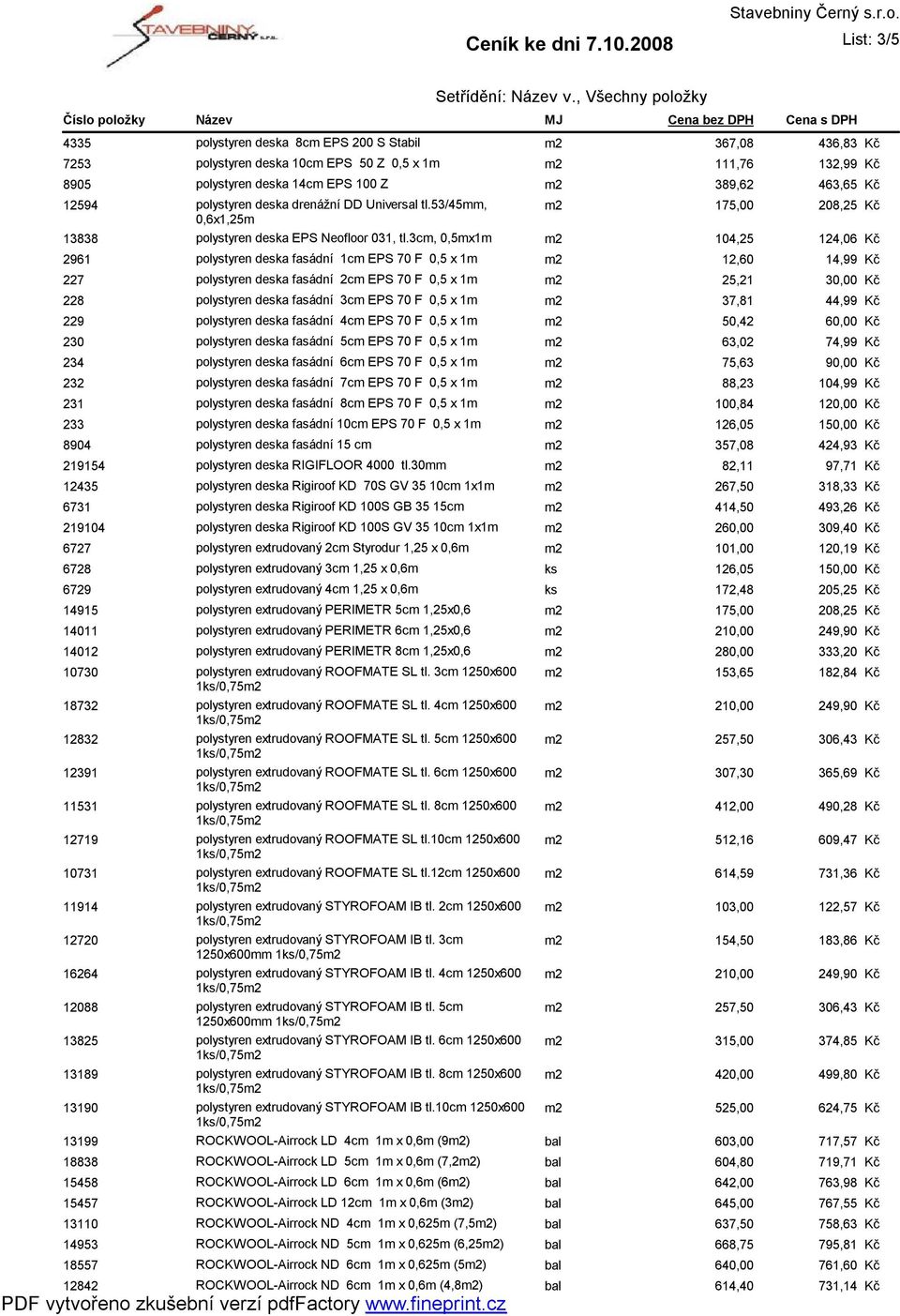 3cm, 0,5mx1m m2 104,25 124,06 2961 polystyren deska fasádní 1cm EPS 70 F 0,5 x 1m m2 12,60 14,99 227 polystyren deska fasádní 2cm EPS 70 F 0,5 x 1m m2 25,21 30,00 228 polystyren deska fasádní 3cm EPS