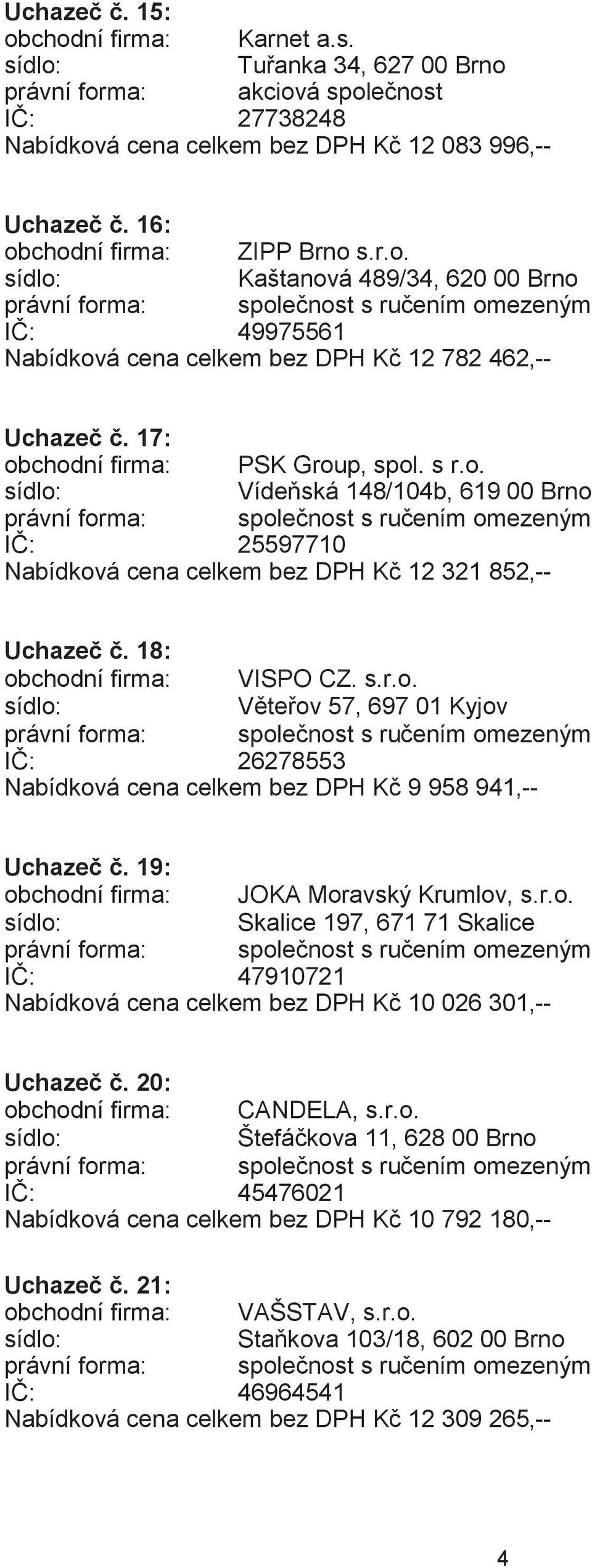 19: obchodní firma: JOKA Moravský Krumlov, s.r.o. Skalice 197, 671 71 Skalice IČ: 47910721 Nabídková cena celkem bez DPH Kč 10 026 301,-- Uchazeč č. 20: obchodní firma: CANDELA, s.r.o. Štefáčkova 11, 628 00 Brno IČ: 45476021 Nabídková cena celkem bez DPH Kč 10 792 180,-- Uchazeč č.