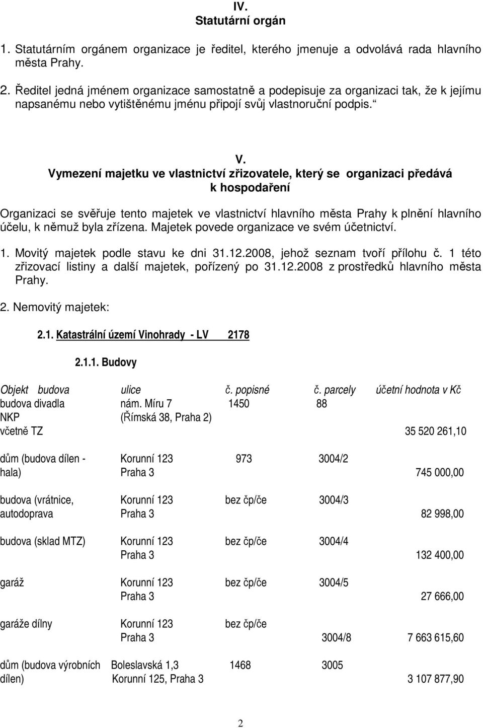 Vymezení majetku ve vlastnictví zřizovatele, který se organizaci předává k hospodaření Organizaci se svěřuje tento majetek ve vlastnictví hlavního města Prahy k plnění hlavního účelu, k němuž byla