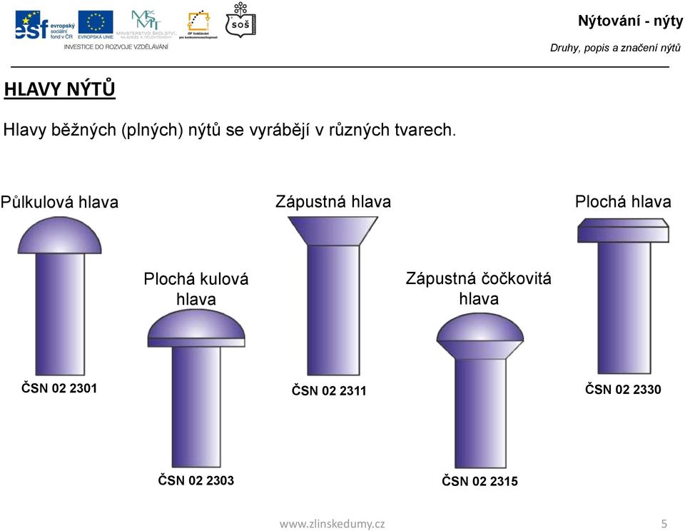 Půlkulová hlava Zápustná hlava Plochá hlava Plochá