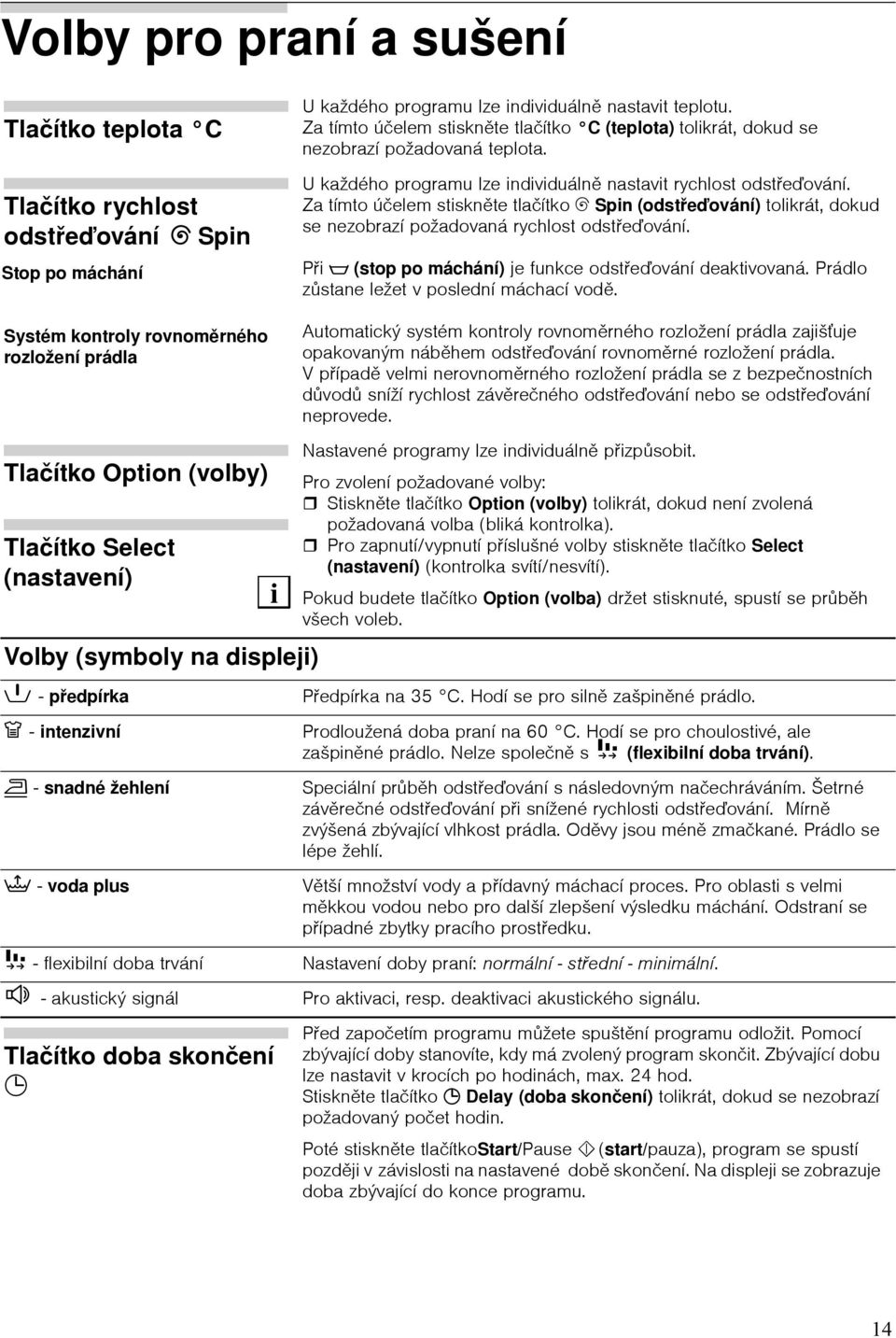 U každého programu lze individuálně nastavit rychlost odstřeďování. Za tímto účelem stiskněte tlačítko B Spin (odstřeďování) tolikrát, dokud se nezobrazí požadovaná rychlost odstřeďování.