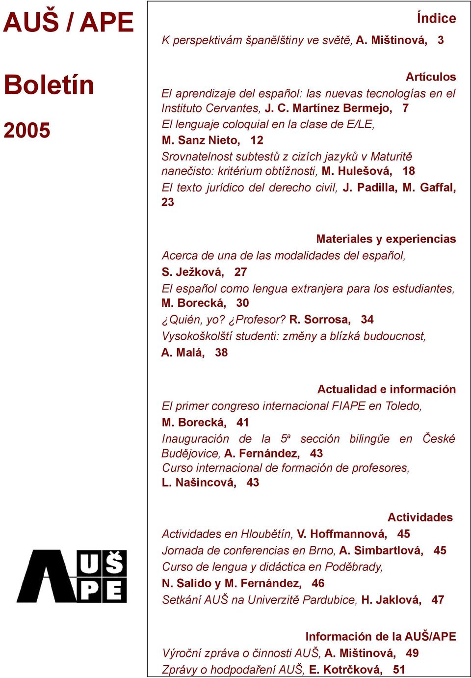 Hulešová, 18 El texto jurídico del derecho civil, J. Padilla, M. Gaffal, 23 Materiales y experiencias Acerca de una de las modalidades del español, S.